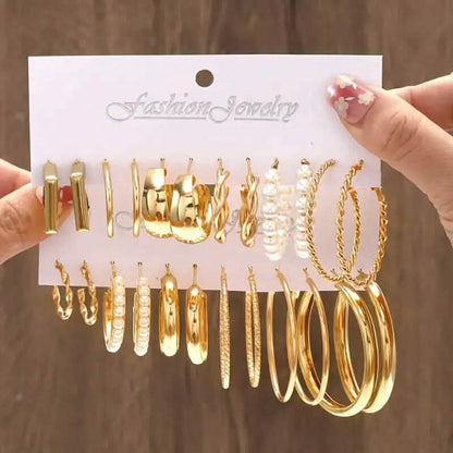 12-Pairs: Gold Hoop Earrings with Faux Pearl Decor Set DailySale