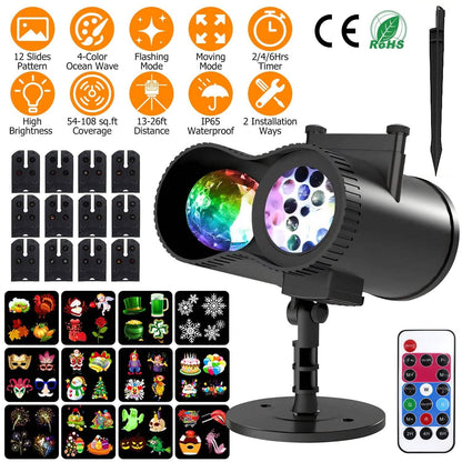 12 Patterns LED Projector Lights IP65 Waterproof Ocean Wave Projector Lamp with Remote Control Timer DailySale