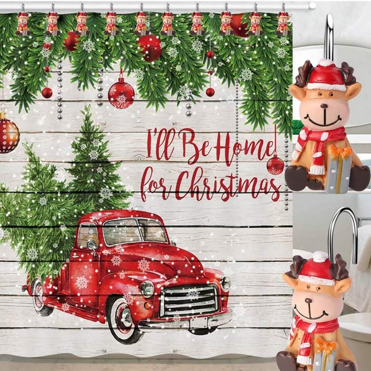 12-Pieces: Christmas Shower Curtain Anti-Rust Hooks DailySale