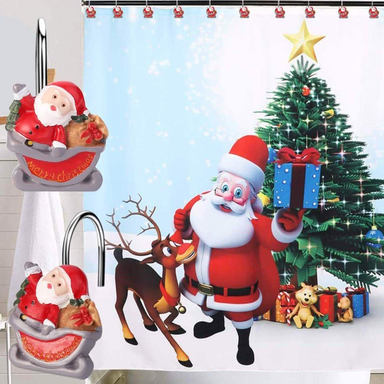 12-Pieces: Christmas Shower Curtain Anti-Rust Hooks DailySale