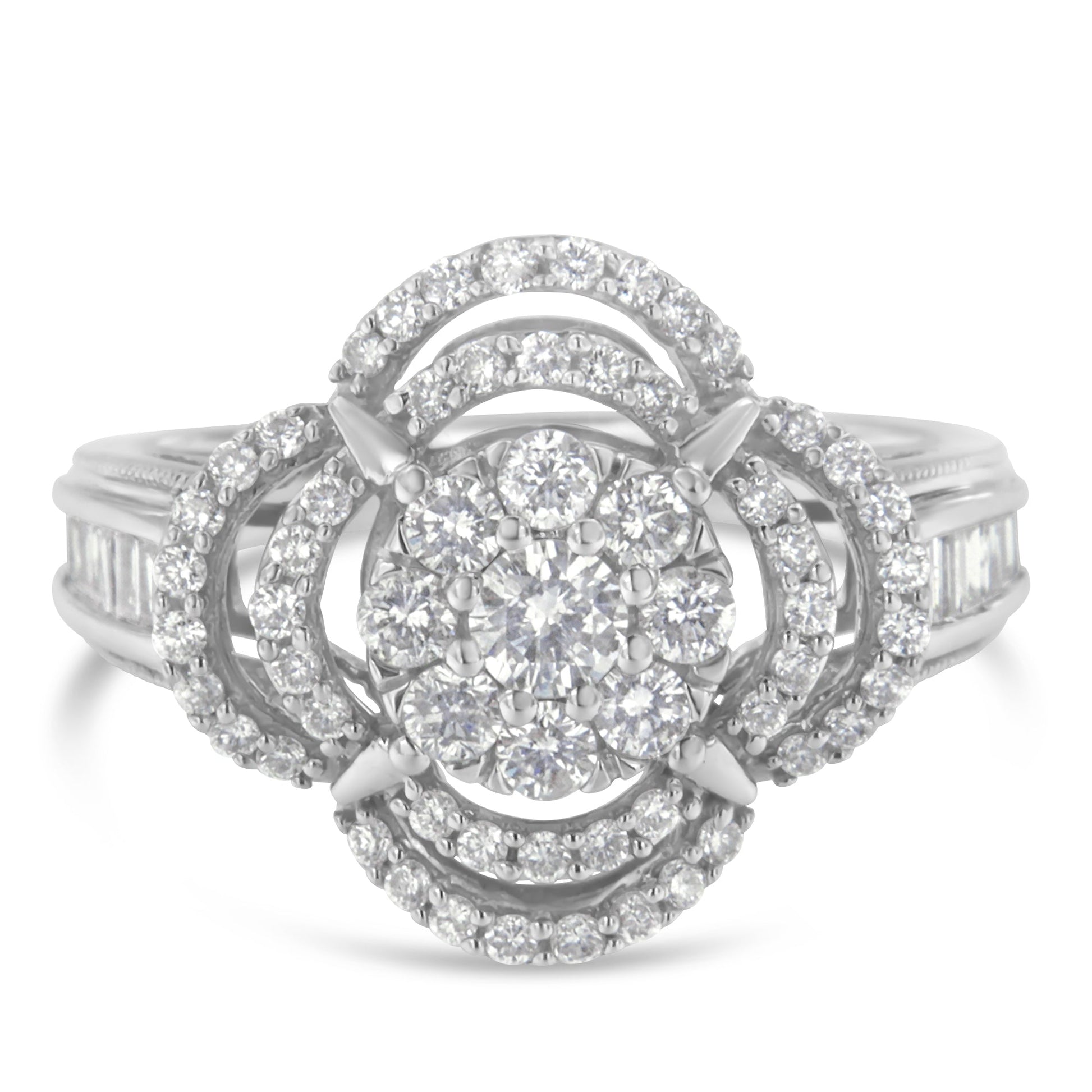 14K White Gold 1.0 Cttw Round & Baguette Cut Diamond Floral Cluster Quatrefoil Channel Set Band Cocktail Statement Ring (H-I Color, SI2-I1 Clarity) - Size 6-3/4 Bids.com