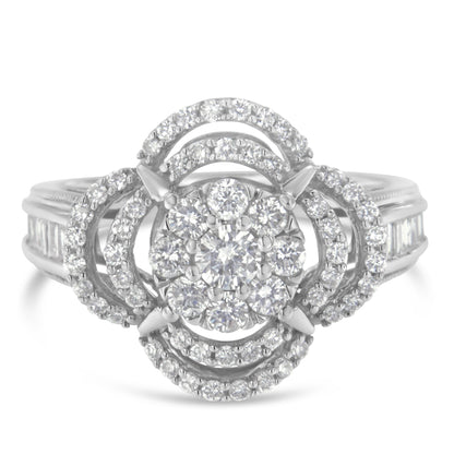 14K White Gold 1.0 Cttw Round & Baguette Cut Diamond Floral Cluster Quatrefoil Channel Set Band Cocktail Statement Ring (H-I Color, SI2-I1 Clarity) - Size 6-3/4 Bids.com