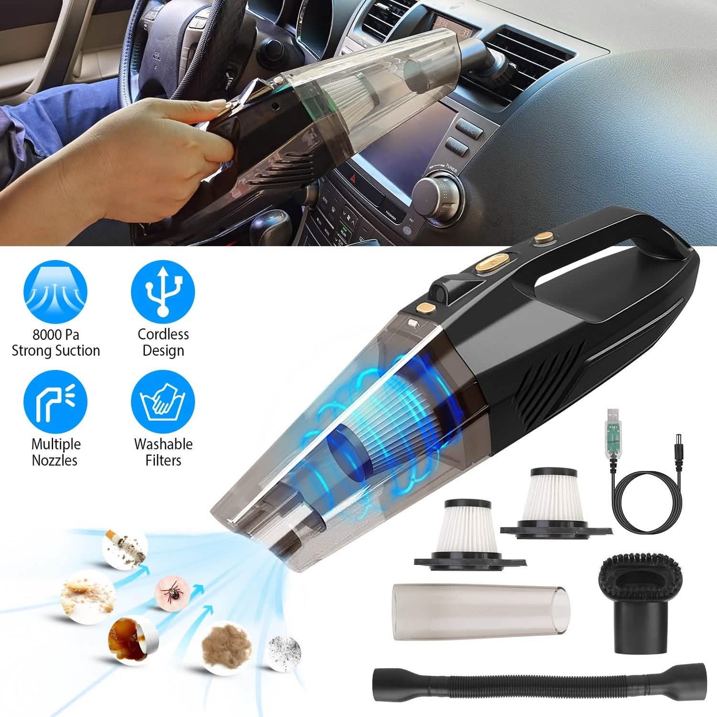 120W 8000PA Handheld Cordless Car Vacuum Cleaner with Accessory kit DailySale
