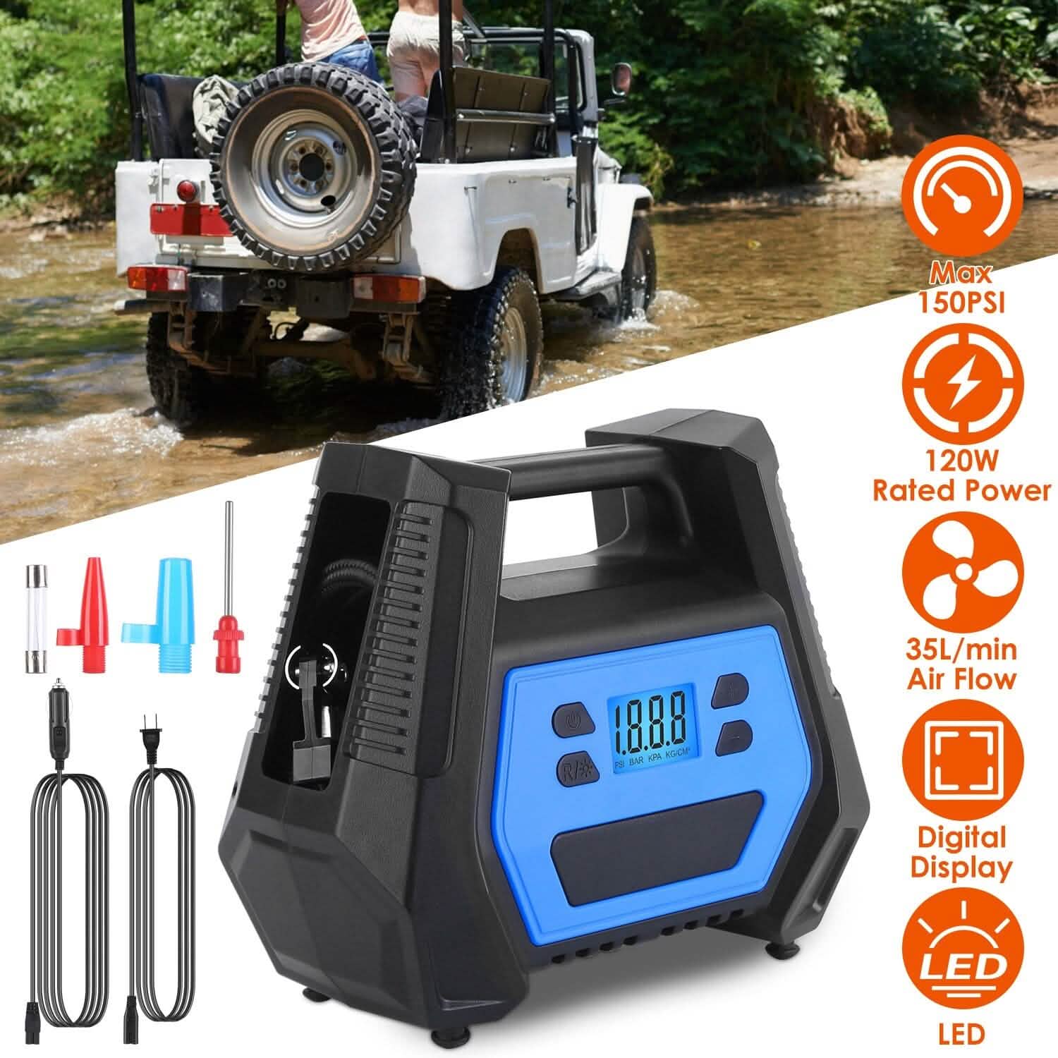 120W Max Power Portable Tire Pump with Digital Display LED Light DailySale