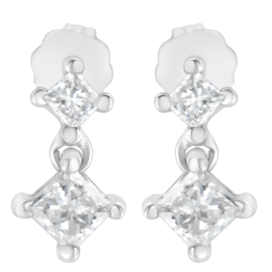 14K White Gold 3/4 cttw Double Diamond Princess-Cut Stud Earrings (I-J Clarity, I2-I3 Color) Bids.com
