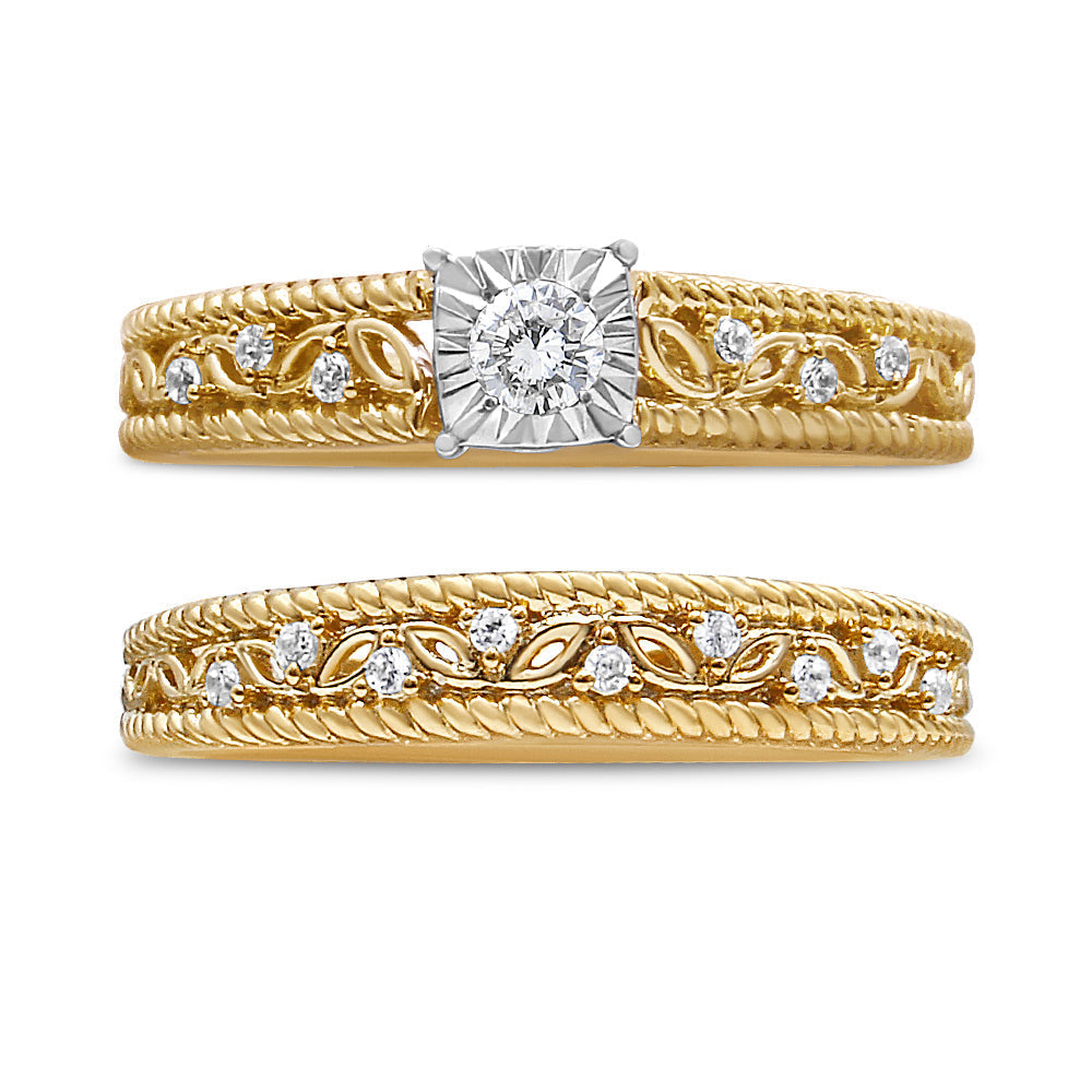 14K Yellow Gold Plated .925 Sterling Silver 1/5 Cttw Diamond Art Deco Style Engagement Ring Bridal Set (I-J Color, I3 Clarity) - Ring Size 7 Bids.com
