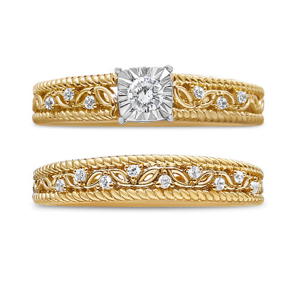 14K Yellow Gold Plated .925 Sterling Silver 1/5 Cttw Diamond Art Deco Style Engagement Ring Bridal Set (I-J Color, I3 Clarity) - Ring Size 7 Bids.com