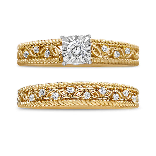 14K Yellow Gold Plated .925 Sterling Silver 1/5 Cttw Diamond Art Deco Style Engagement Ring Bridal Set (I-J Color, I3 Clarity) - Ring Size 7 Bids.com