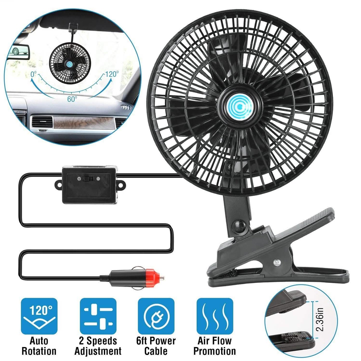 12V Car Fan Oscillating Clip on Cooling Fan with 2 Speeds 120° Rotation DailySale