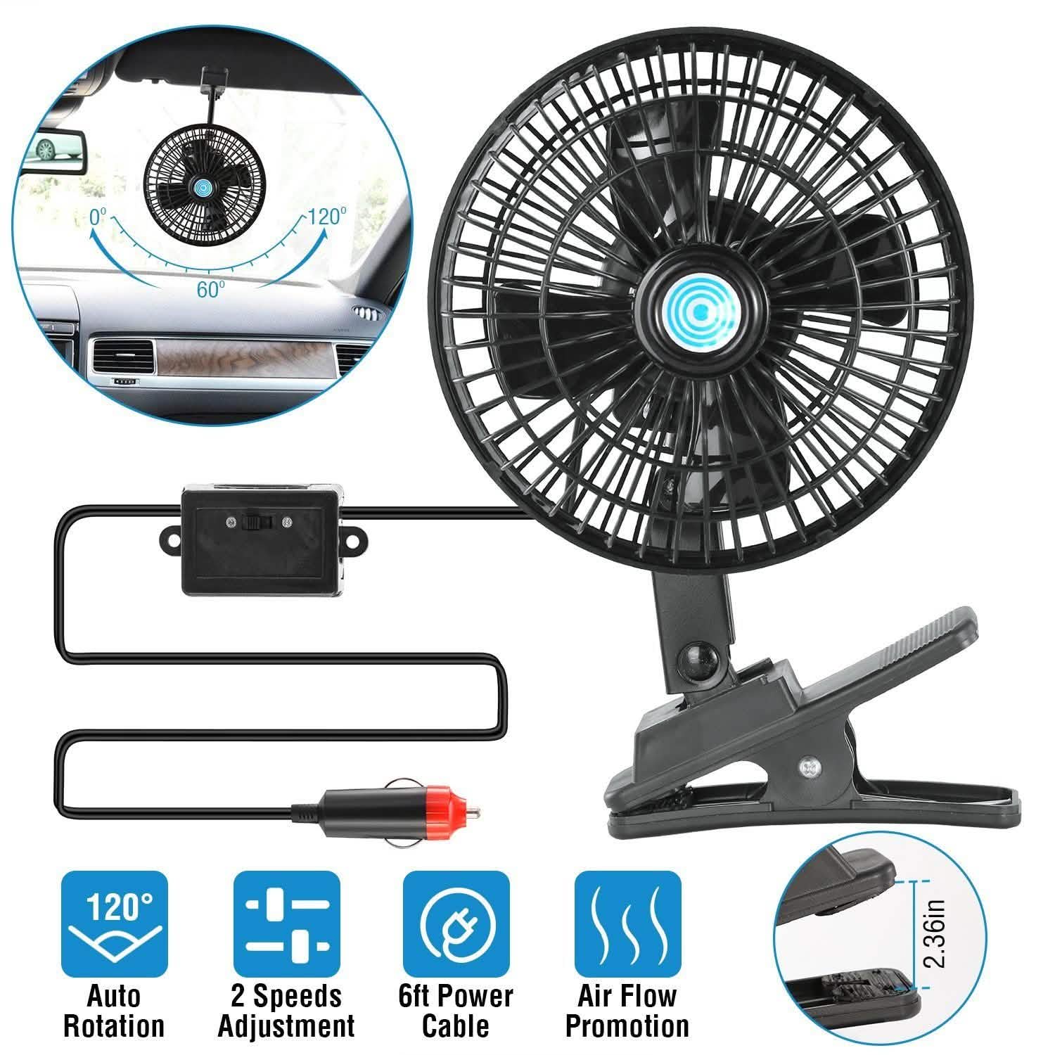 12V Car Fan Oscillating Clip on Cooling Fan with 2 Speeds 120° Rotation DailySale