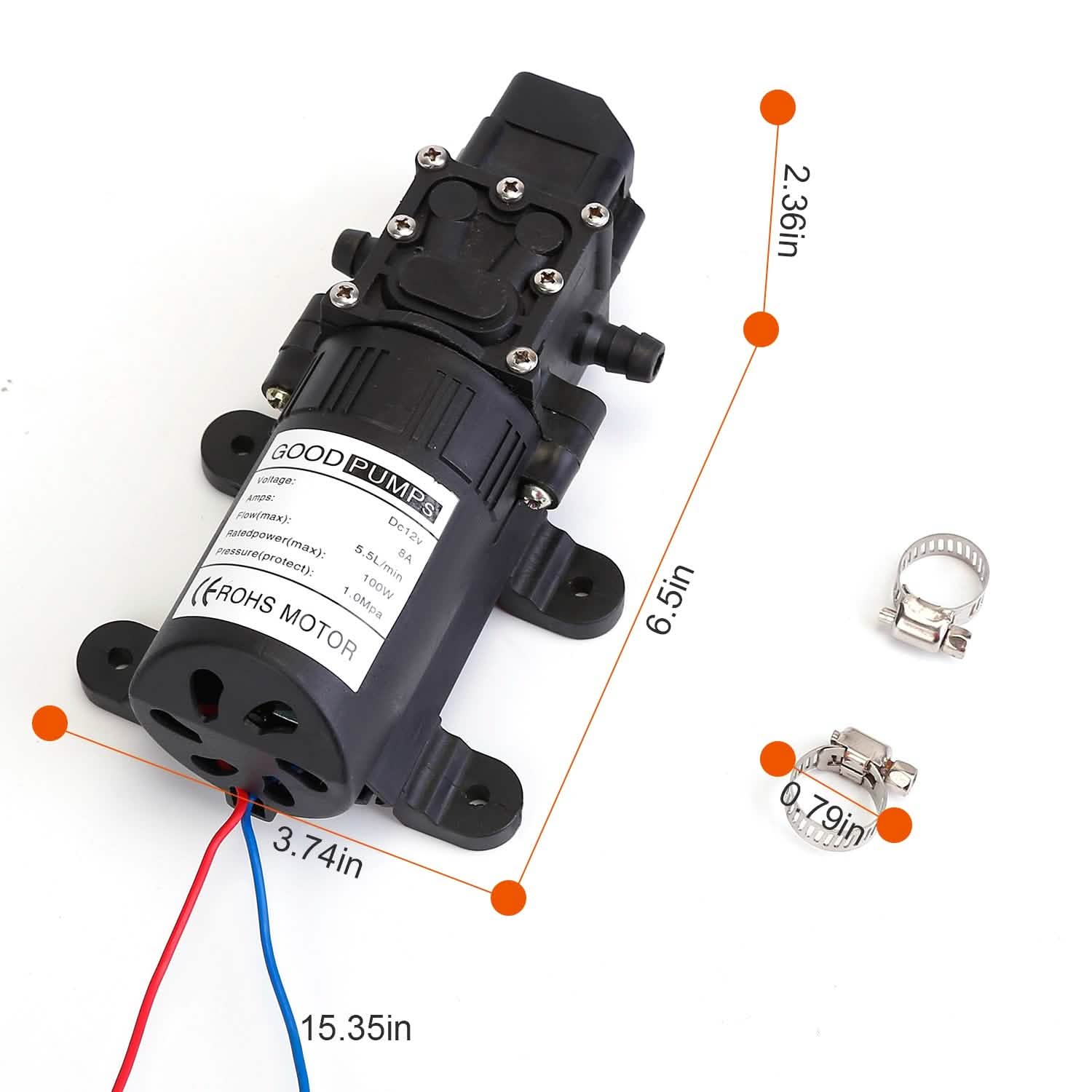 12V Water Pump with 2 Hose Clamps 123PSI Self Priming Sprayer Pump DailySale