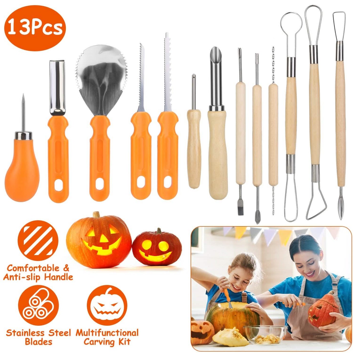 13-Pieces: Halloween Pumpkin Stainless Steel Carving Kit DailySale