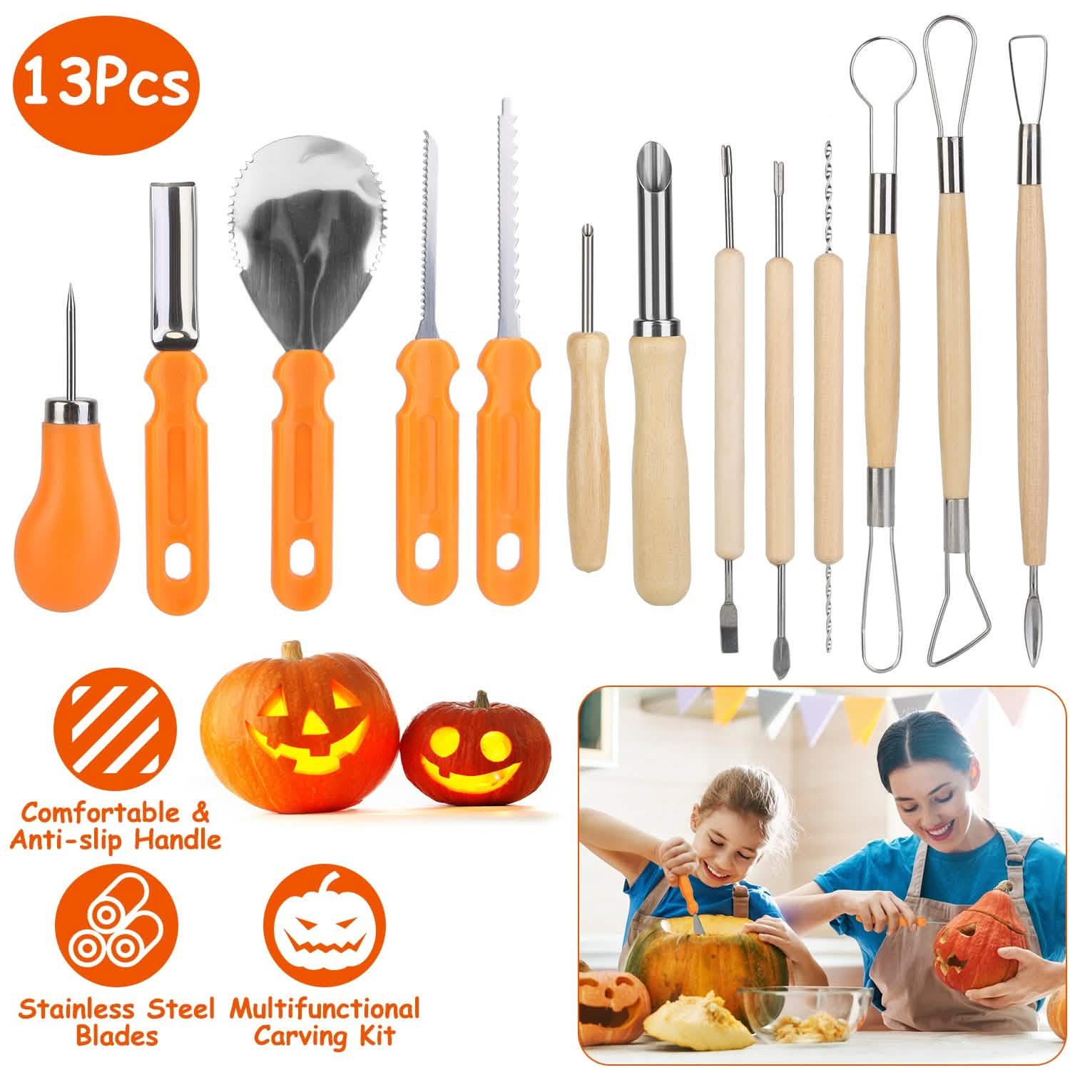 13-Pieces: Halloween Pumpkin Stainless Steel Carving Kit DailySale