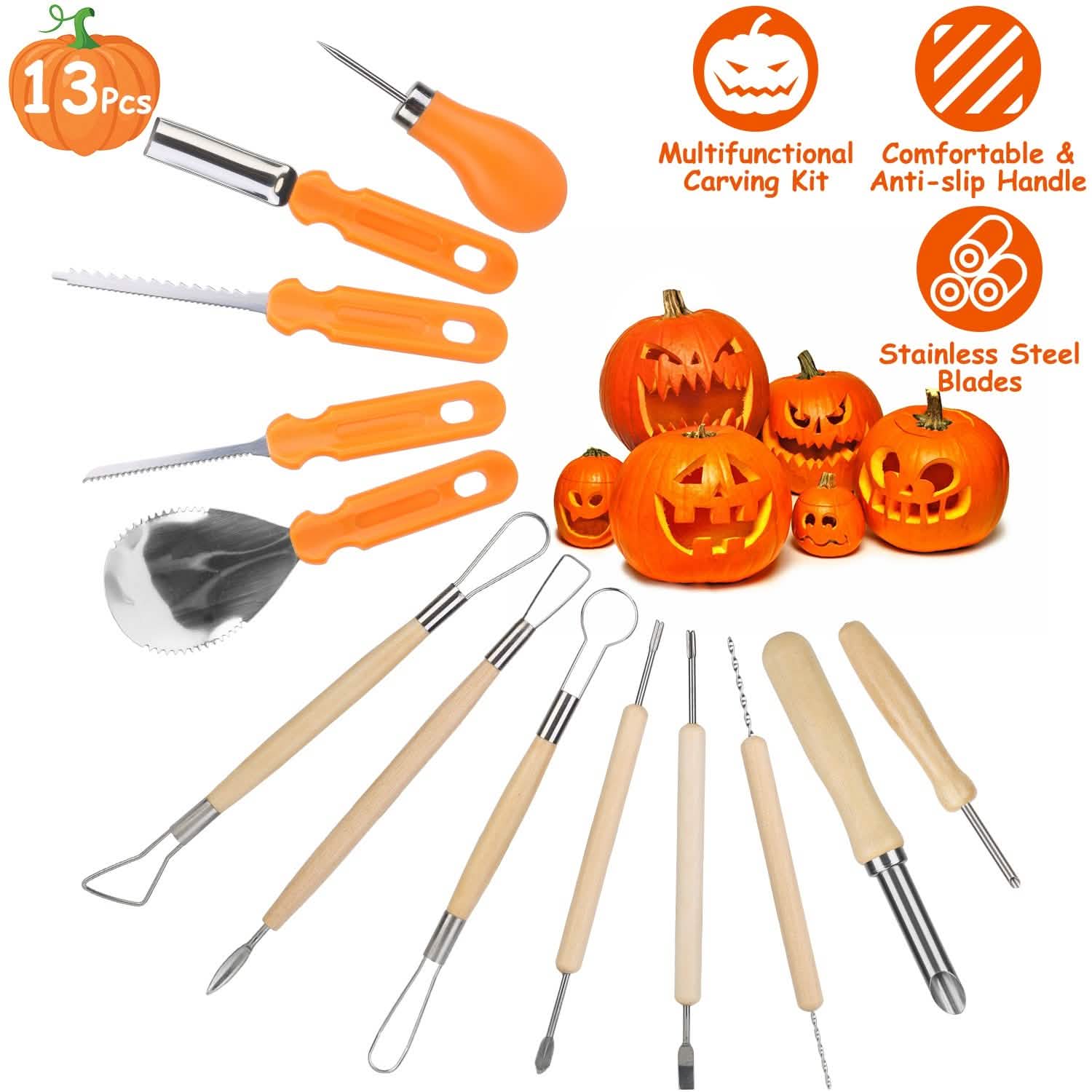 13-Pieces: Halloween Pumpkin Stainless Steel Carving Kit DailySale
