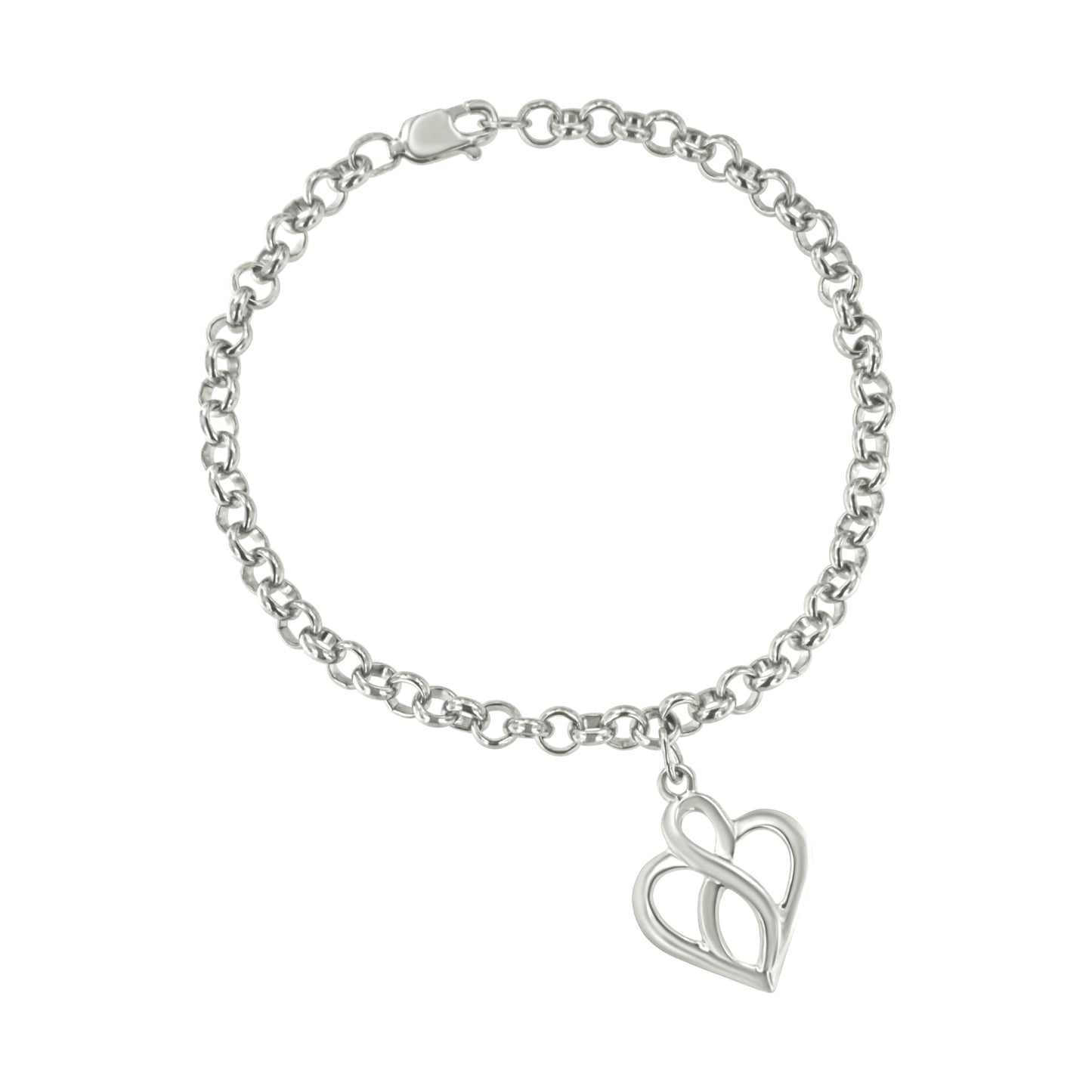 .925 Sterling Silver Open Heart with Center Vertical Infinity Chain Charm Bracelet - Size 7" Bids.com