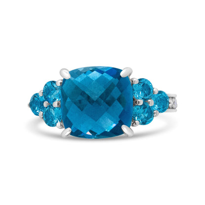 18K White Gold 10mm Cushion Shaped Blue Topaz and 1/6 Cttw Diamond 3 Stone Style Ring (F-G Color, VS1-VS2 Clarity) - Ring Size 6.5 Bids.com