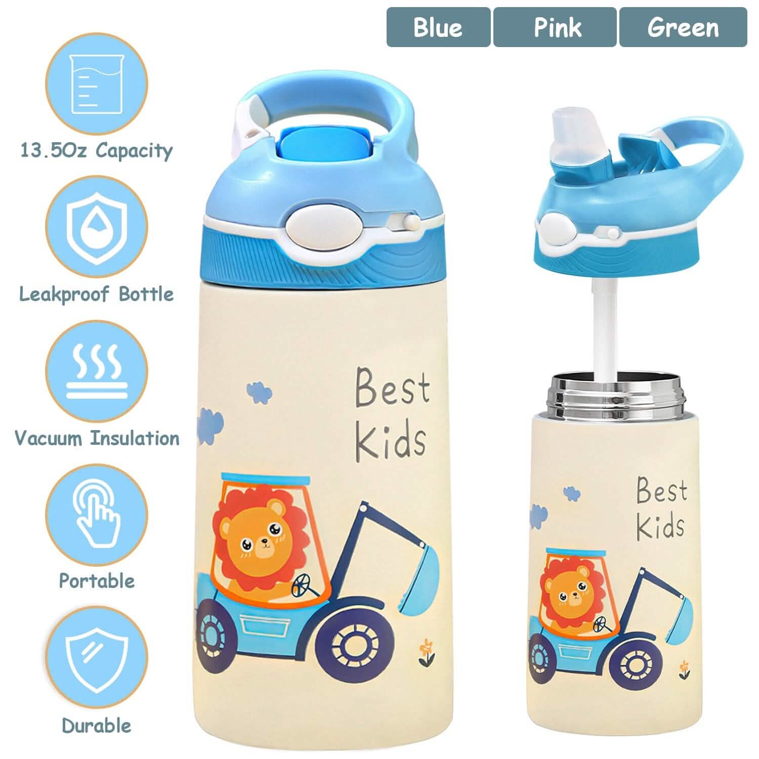 13.50oz. Insulated Stainless Steel Water Bottle Leak-proof with Straw Push Button Lock Switch DailySale