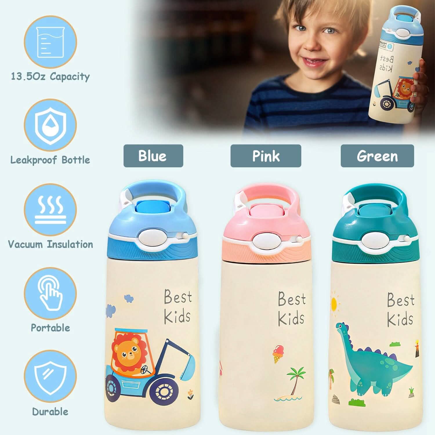 13.50oz. Insulated Stainless Steel Water Bottle Leak-proof with Straw Push Button Lock Switch DailySale