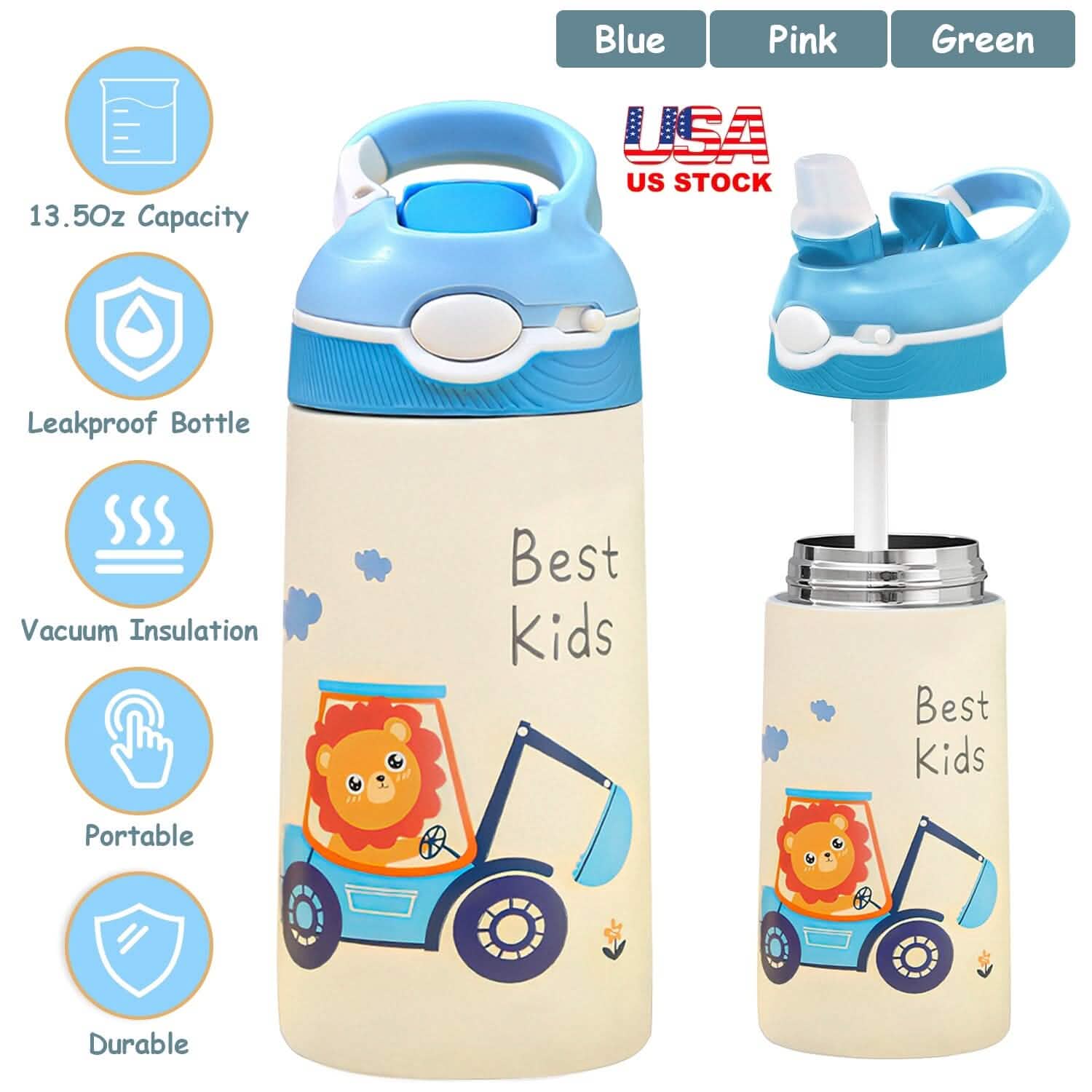 13.50oz. Insulated Stainless Steel Water Bottle Leak-proof with Straw Push Button Lock Switch DailySale