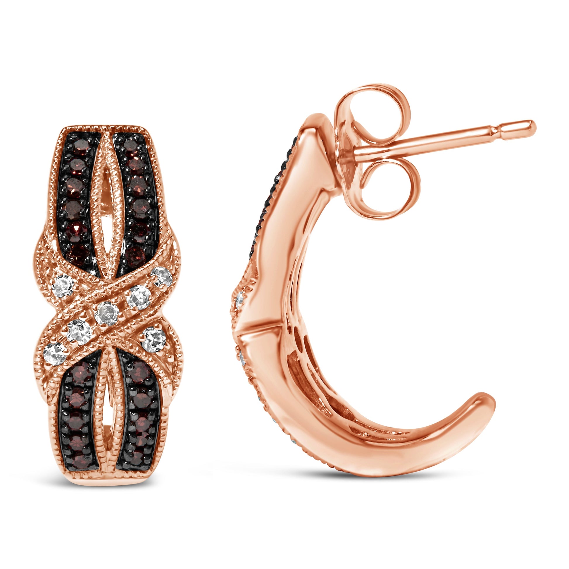 10K Rose Gold 1/3 Cttw White and Brown Diamond Milgrain Criss Cross J-Hoop Earrings (I-J Color, I1-I2 Clarity) Bids.com