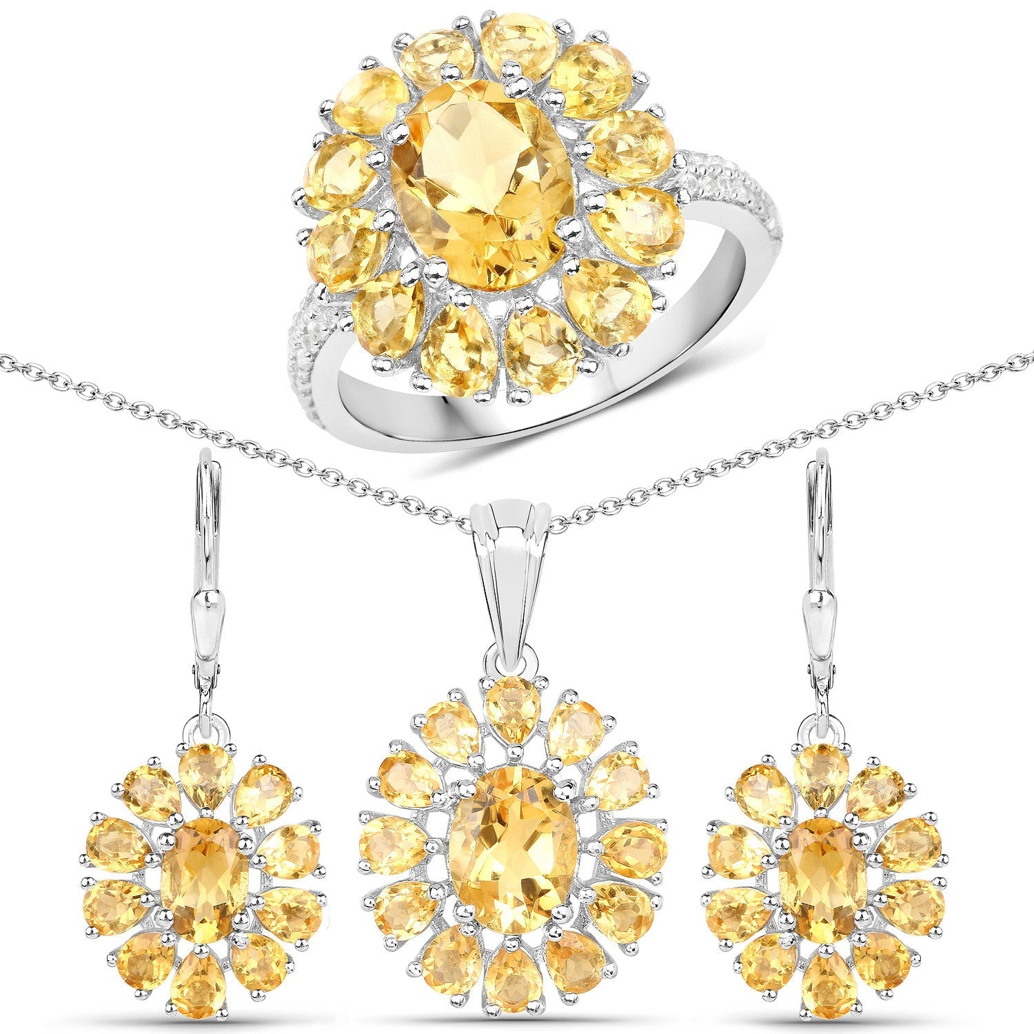 12.24 Carat Genuine Citrine and White Topaz .925 Sterling Silver 3 Piece Jewelry Set (Ring, Earrings, and Pendant w/ Chain) Bids.com