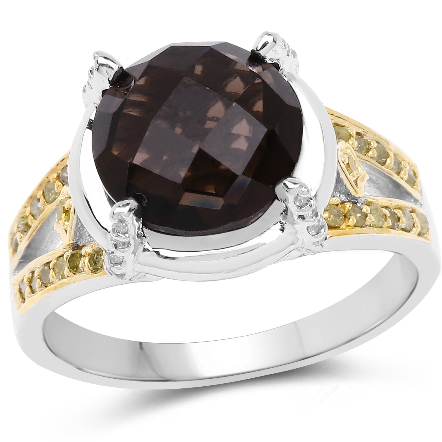 3.28 Carat Genuine Smoky Quartz, Yellow Diamond & White Diamond .925 Sterling Silver Ring Bids.com