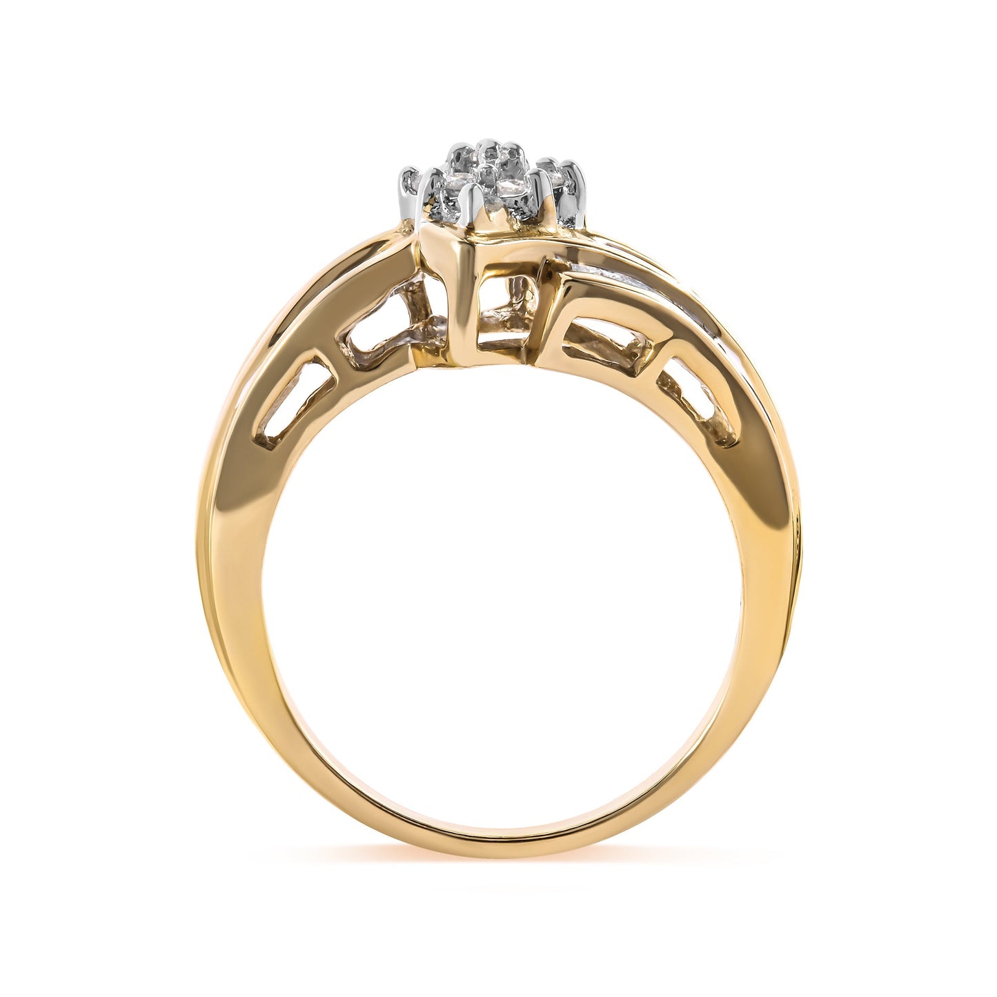 10K Yellow Gold 1/2 Cttw Round And Baguette-cut Diamond Cluster Head and Channel Set Shank Ring (H-I Color, I1-I2 Clarity) - Ring Size 7 Bids.com