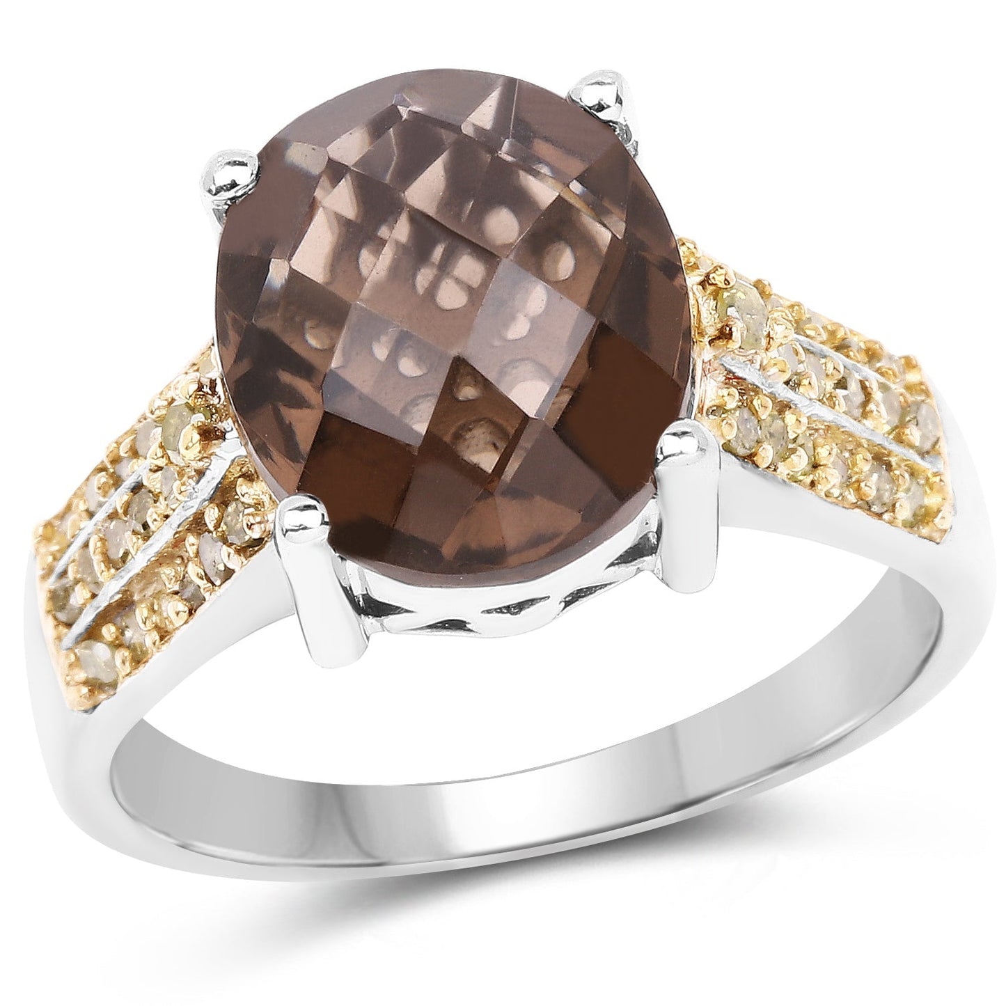 4.87 Carat Genuine Smoky Quartz and Yellow Diamond .925 Sterling Silver Ring Bids.com