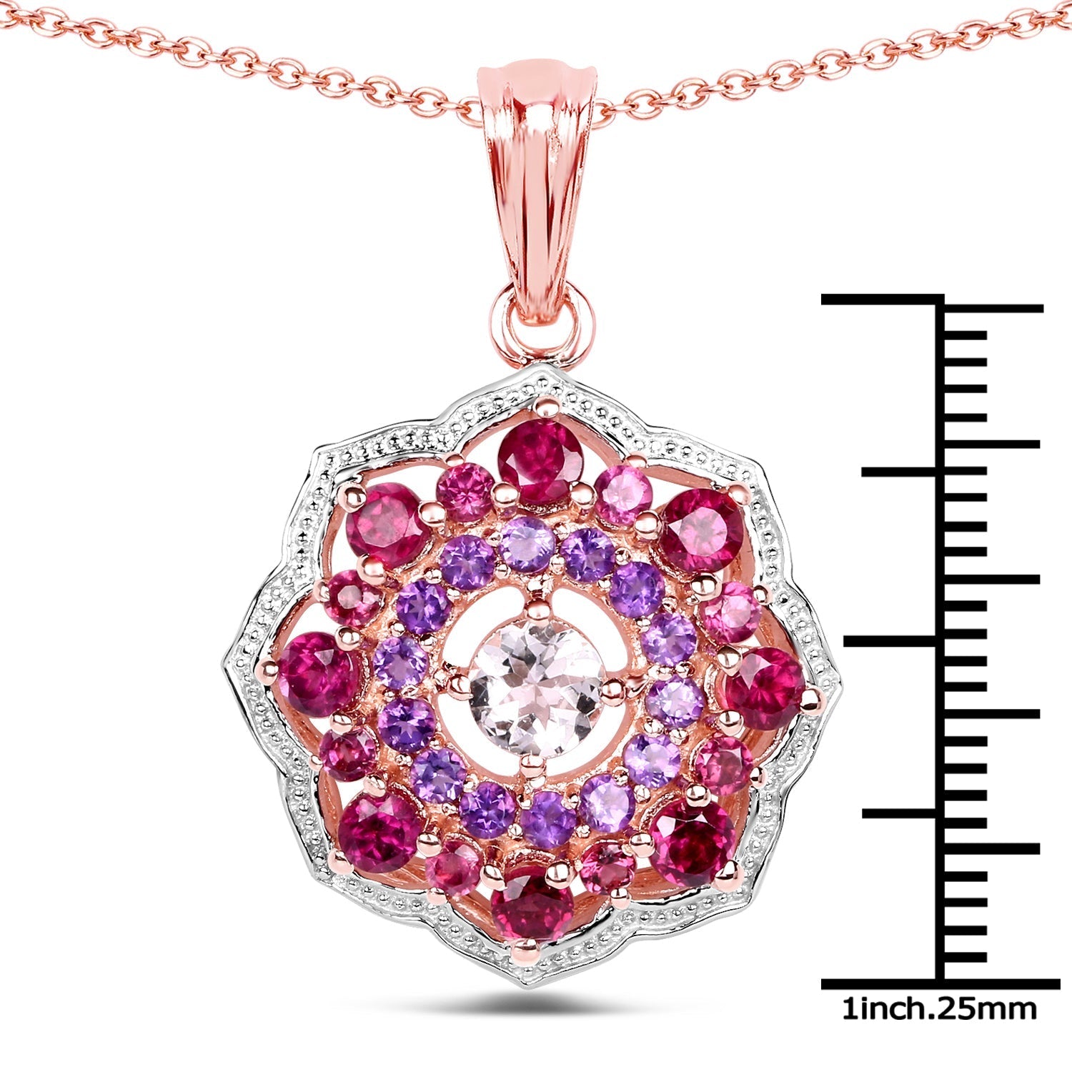 14K Rose Gold Plated 2.30 Carat Genuine Morganite, Rhodolite and Amethyst .925 Sterling Silver Pendant Bids.com