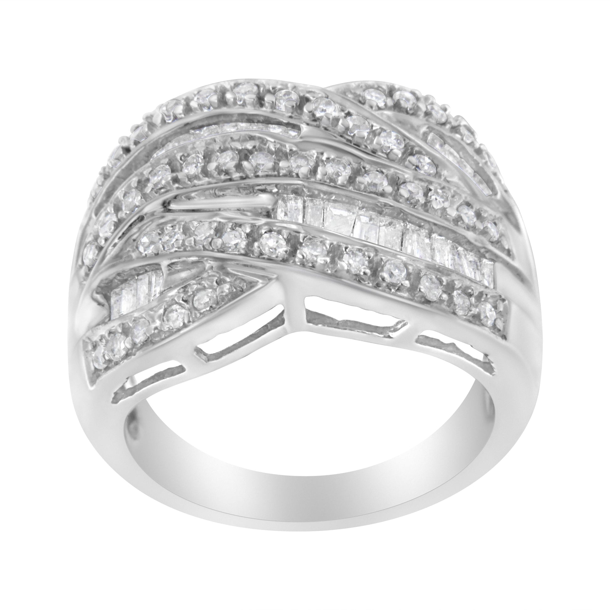 .925 Sterling Silver 1.0 Cttw Channel Set Alternating Round and Baguette Diamond Cross-over Bypass Ring Band (I-J Color, I2-I3 Clarity) - Size 7 Bids.com