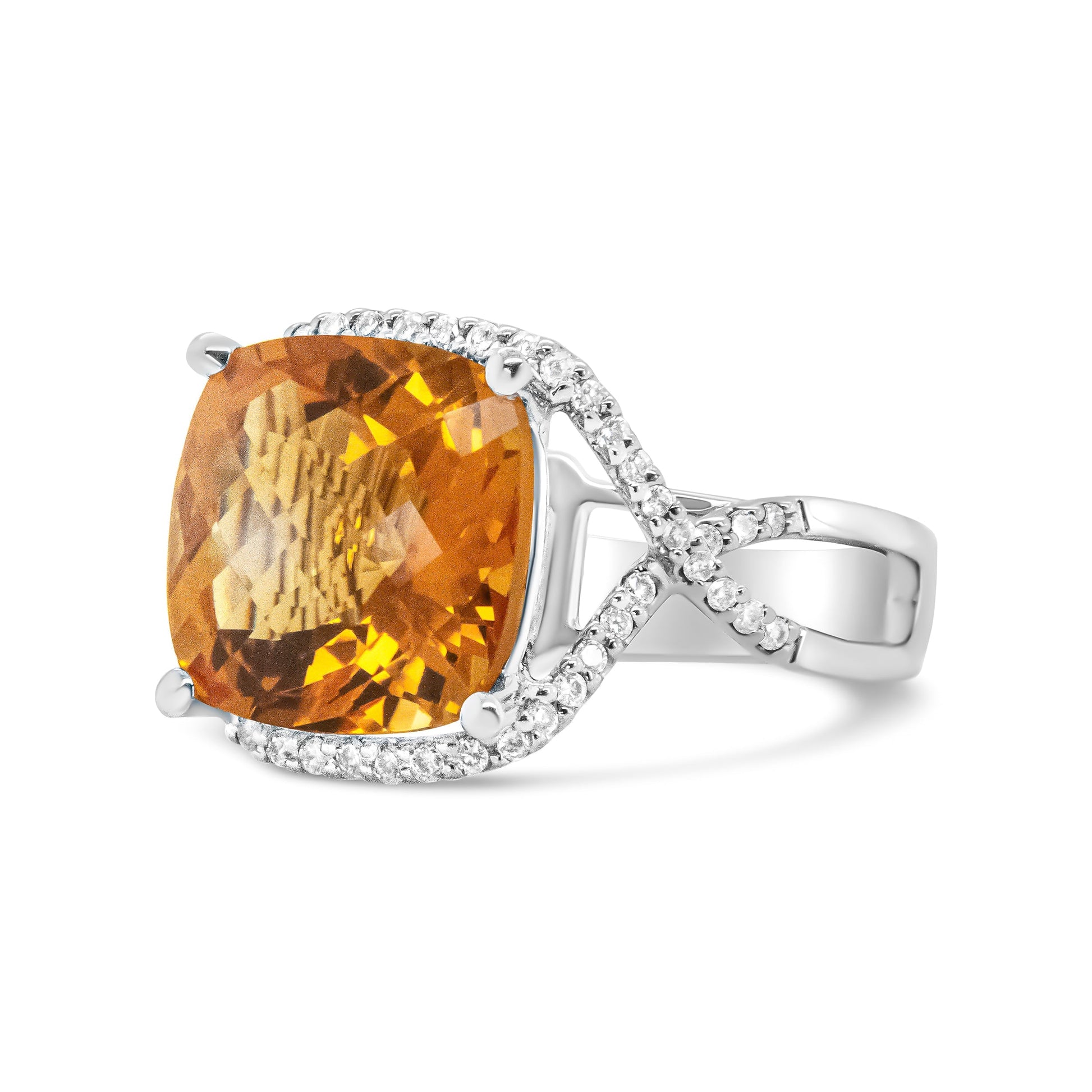14K White Gold 12mm Cushion Cut Yellow Citrine Gemstone and 1/3 Cttw Round Pave-Set Diamond Ring - (H-I Color, VS1-VS2 Clarity)- Size 6.5 Bids.com