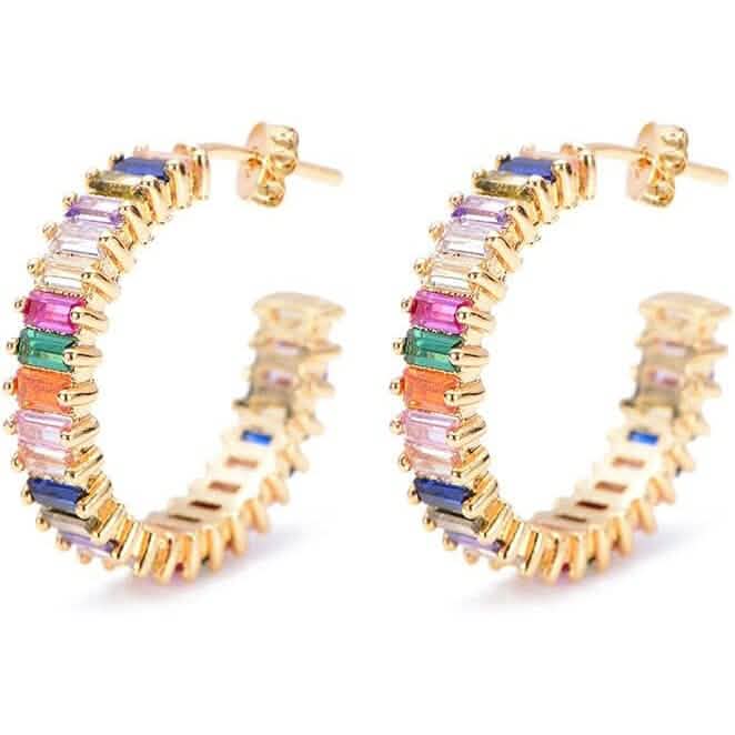 14K Gold Plated Cubic Zirconia Multicolor Rainbow Round Hoop Stud Earrings DailySale