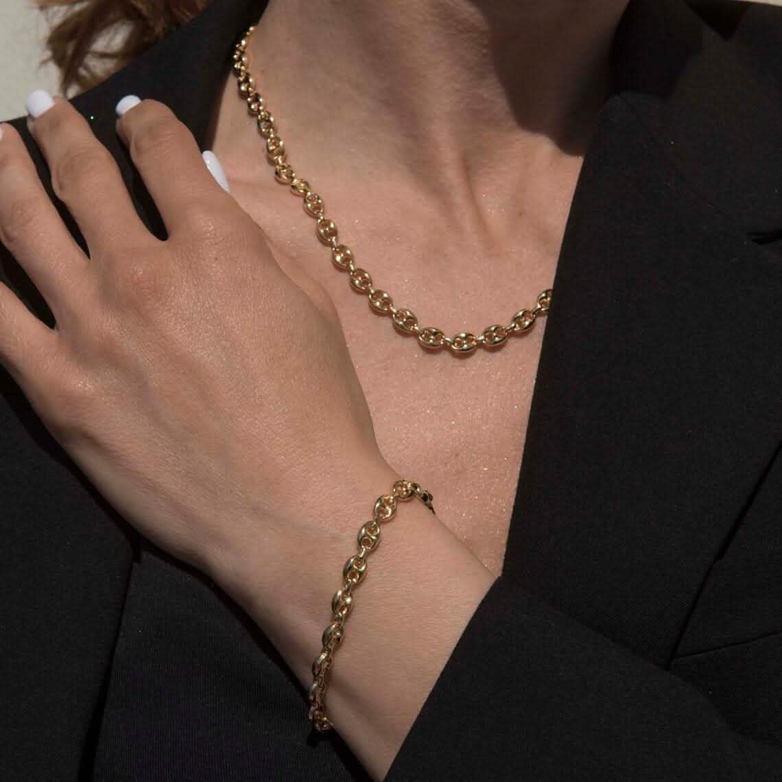 14K Solid Yellow Gold 3mm Puff Mariner Link Necklace Bracelet with Lobster Clasp DailySale