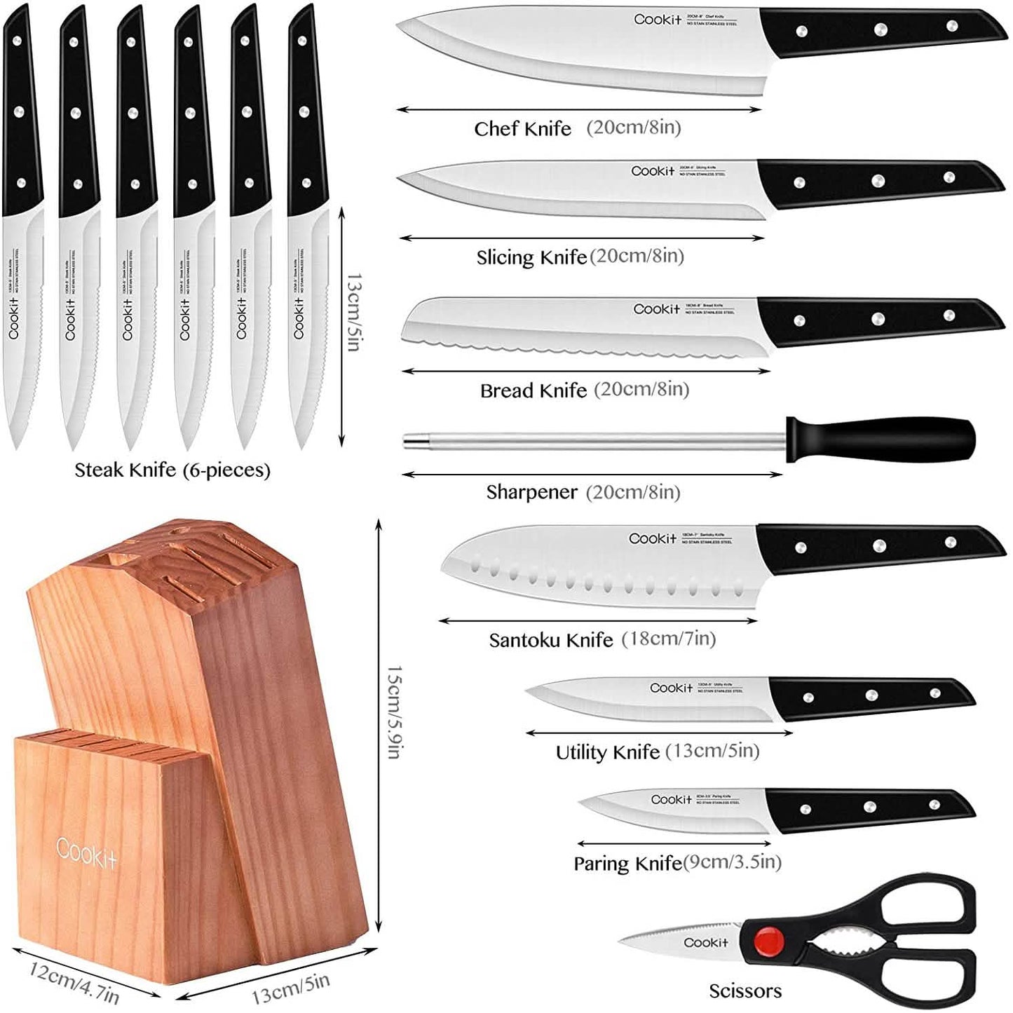 15-Pieces Set: Cookit Germany Stainless Steel Knife Block Set and Serrated Steak Knives DailySale