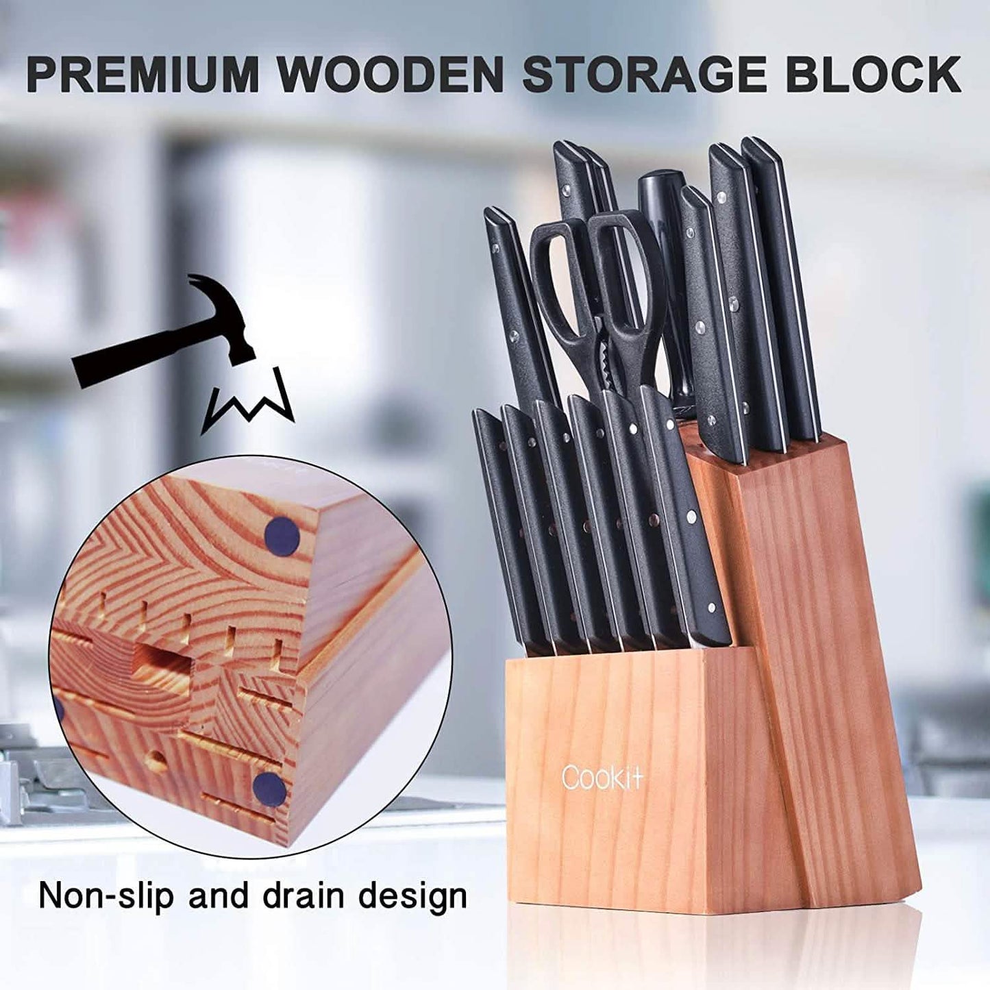 15-Pieces Set: Cookit Germany Stainless Steel Knife Block Set and Serrated Steak Knives DailySale