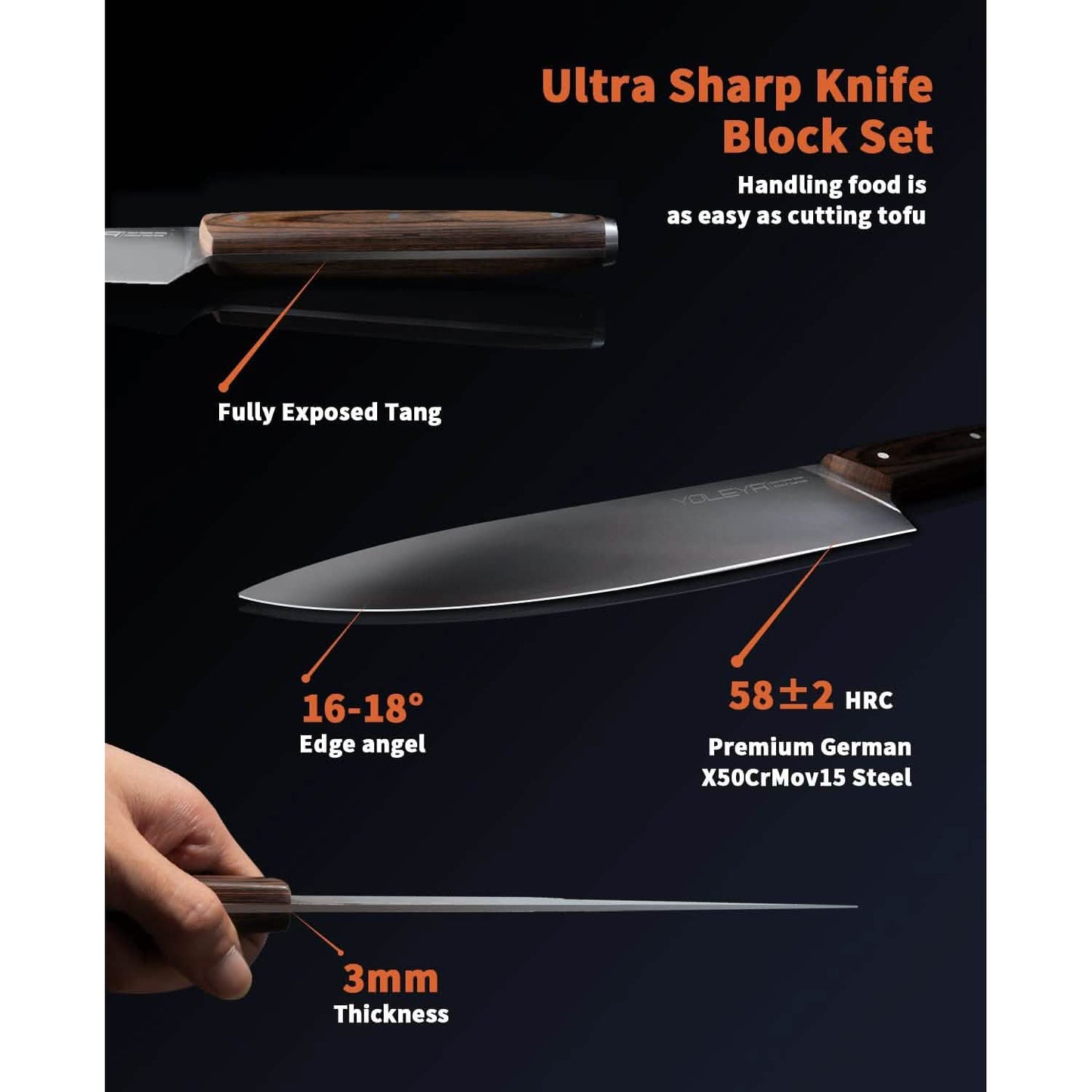15-Pieces Set: YOLEYA Kitchen Knife Set with Block Wooden Triple Rivets DailySale