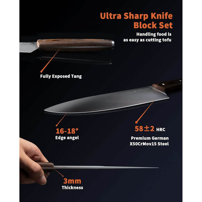 15-Pieces Set: YOLEYA Kitchen Knife Set with Block Wooden Triple Rivets DailySale