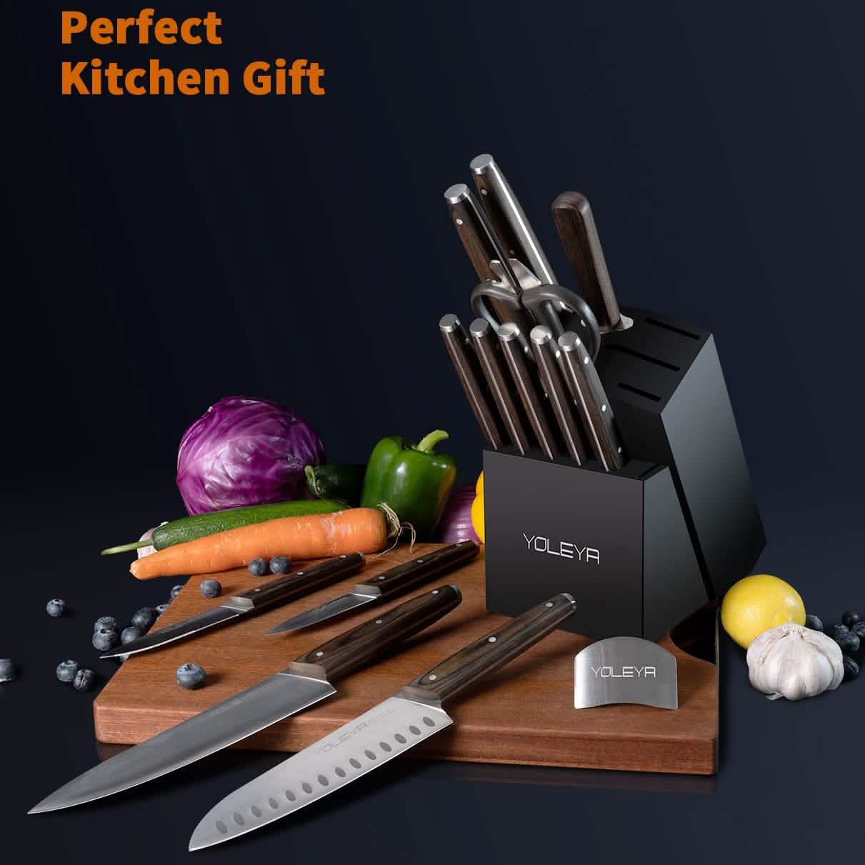 15-Pieces Set: YOLEYA Kitchen Knife Set with Block Wooden Triple Rivets DailySale