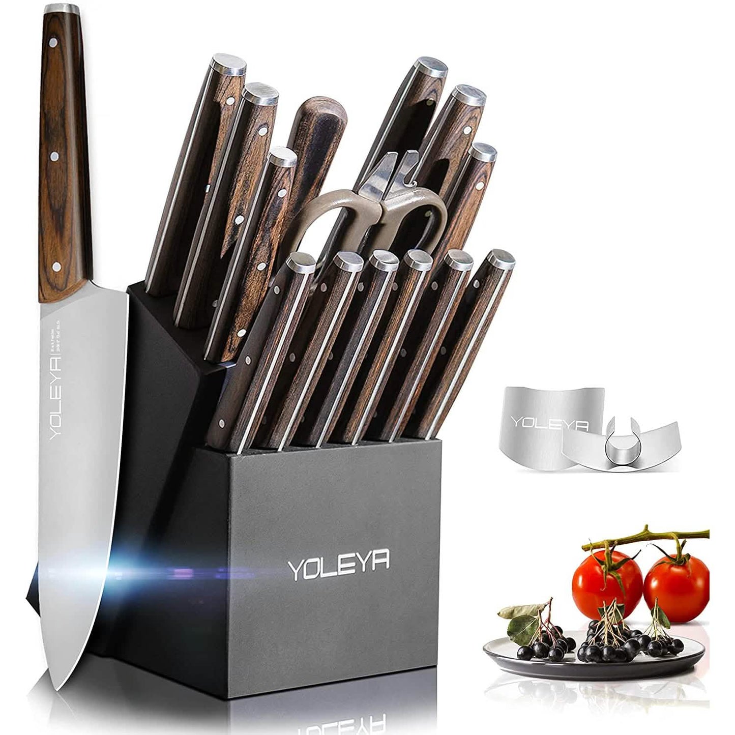 15-Pieces Set: YOLEYA Kitchen Knife Set with Block Wooden Triple Rivets DailySale