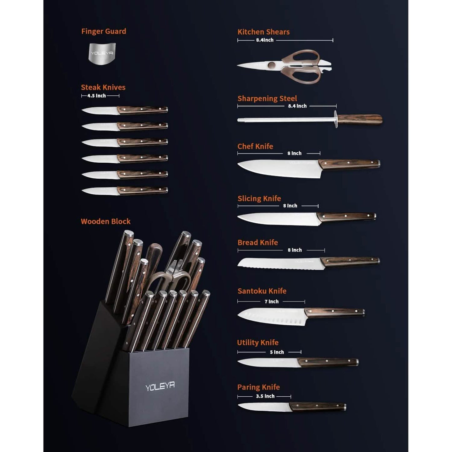 15-Pieces Set: YOLEYA Kitchen Knife Set with Block Wooden Triple Rivets DailySale