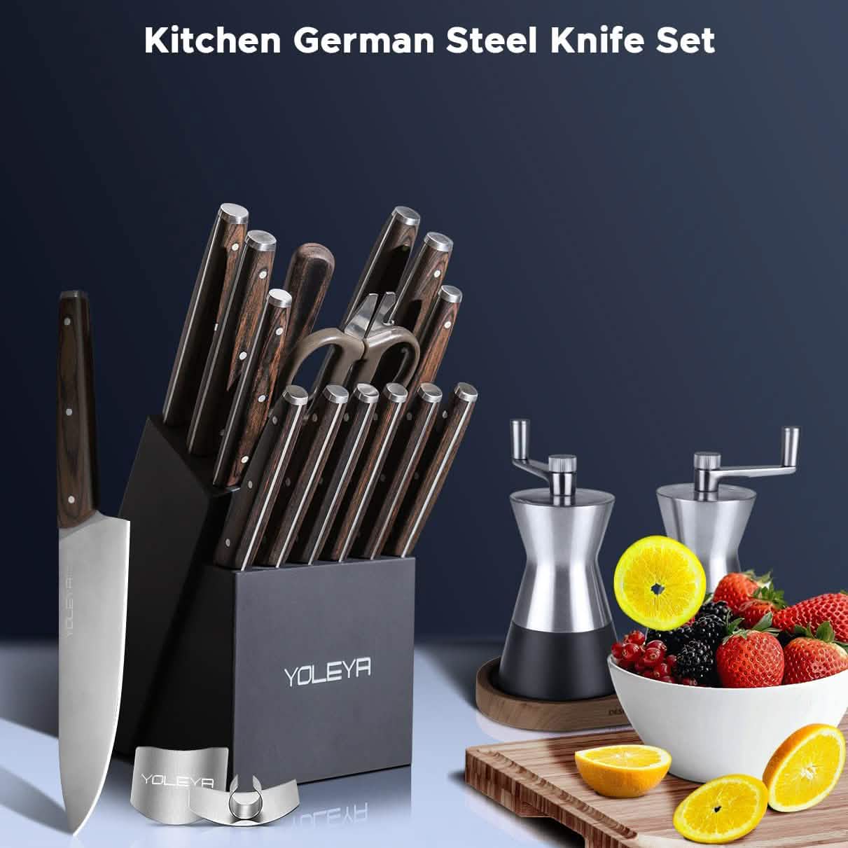 15-Pieces Set: YOLEYA Kitchen Knife Set with Block Wooden Triple Rivets DailySale