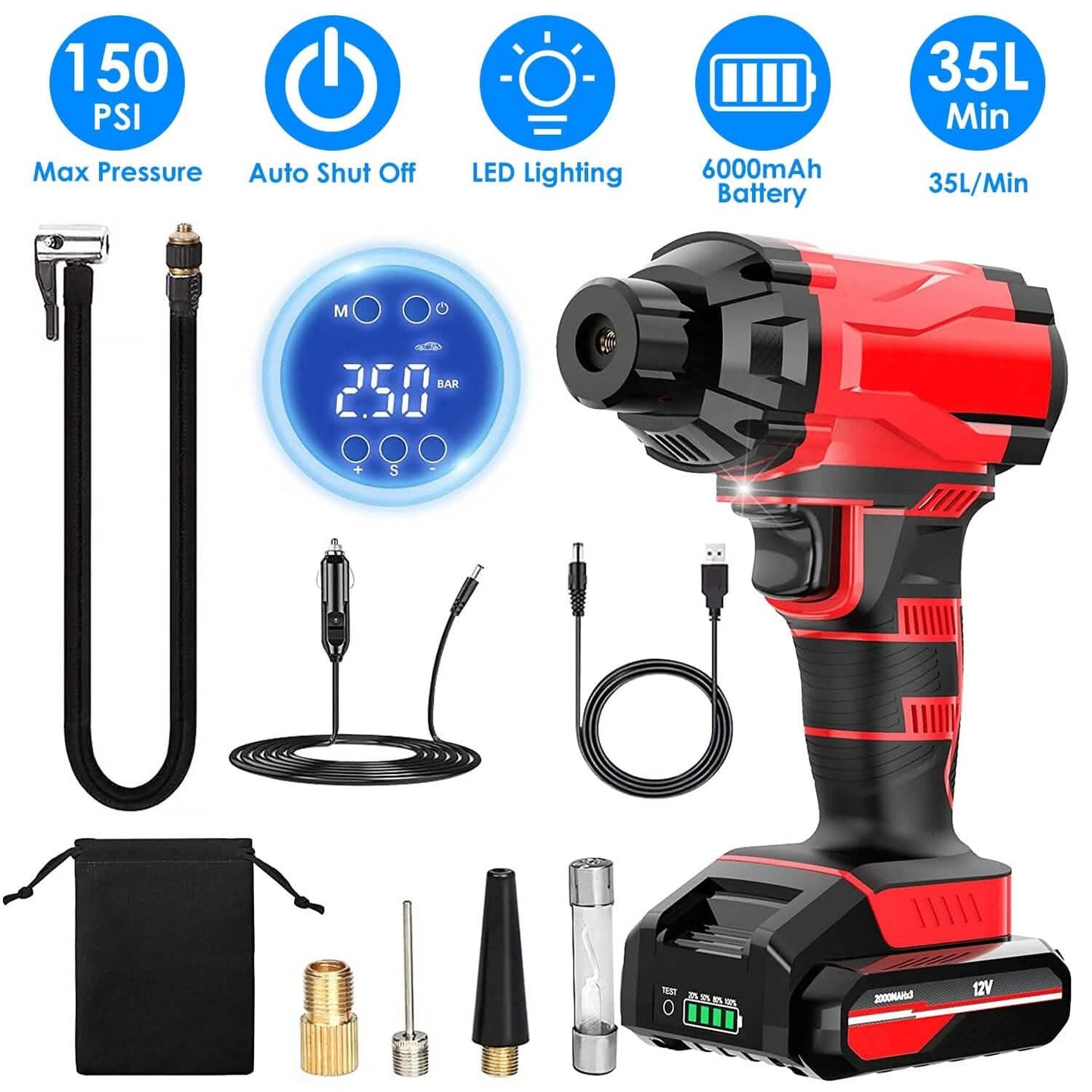 150 PSI 12V Portable Cordless Tire Pump 6000mAh Rechargeable with LED Light DailySale