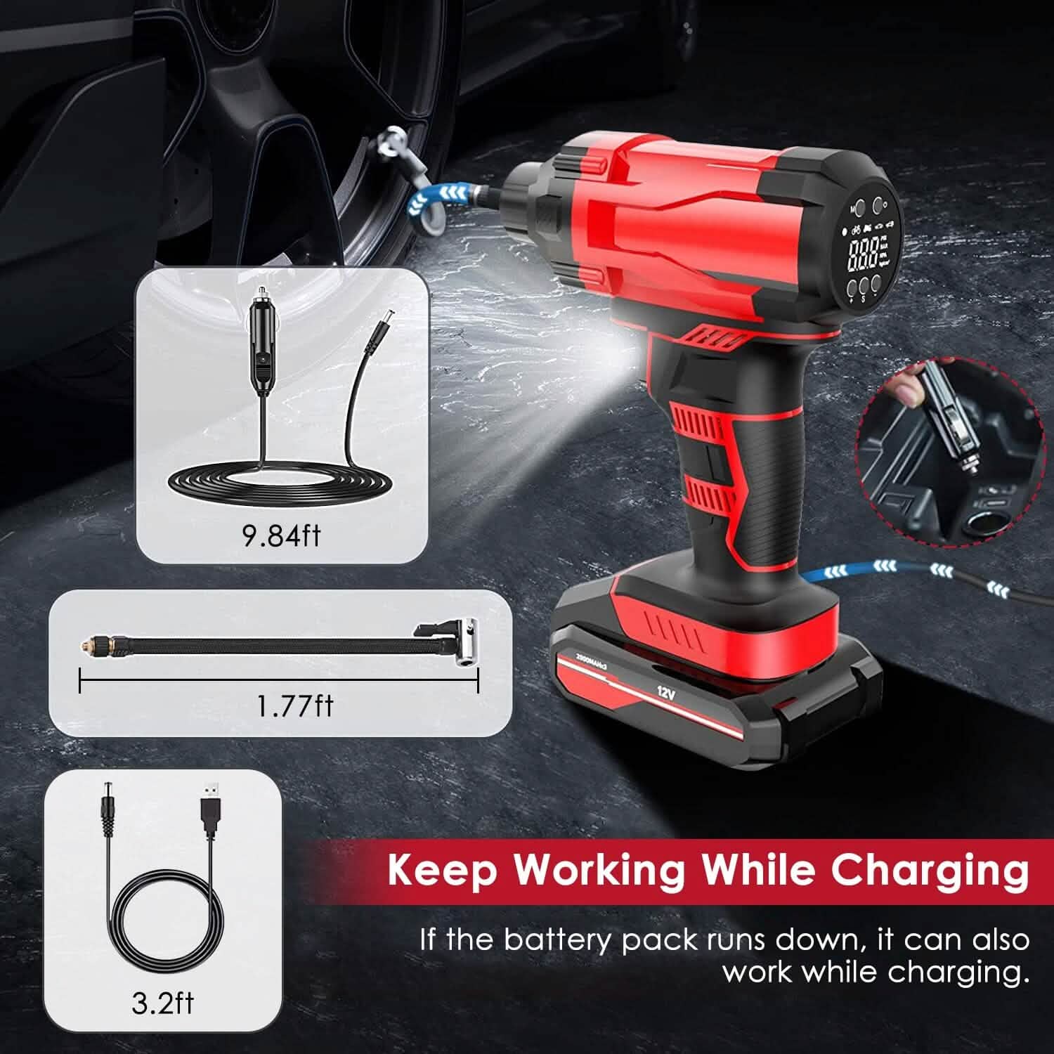 150 PSI 12V Portable Cordless Tire Pump 6000mAh Rechargeable with LED Light DailySale