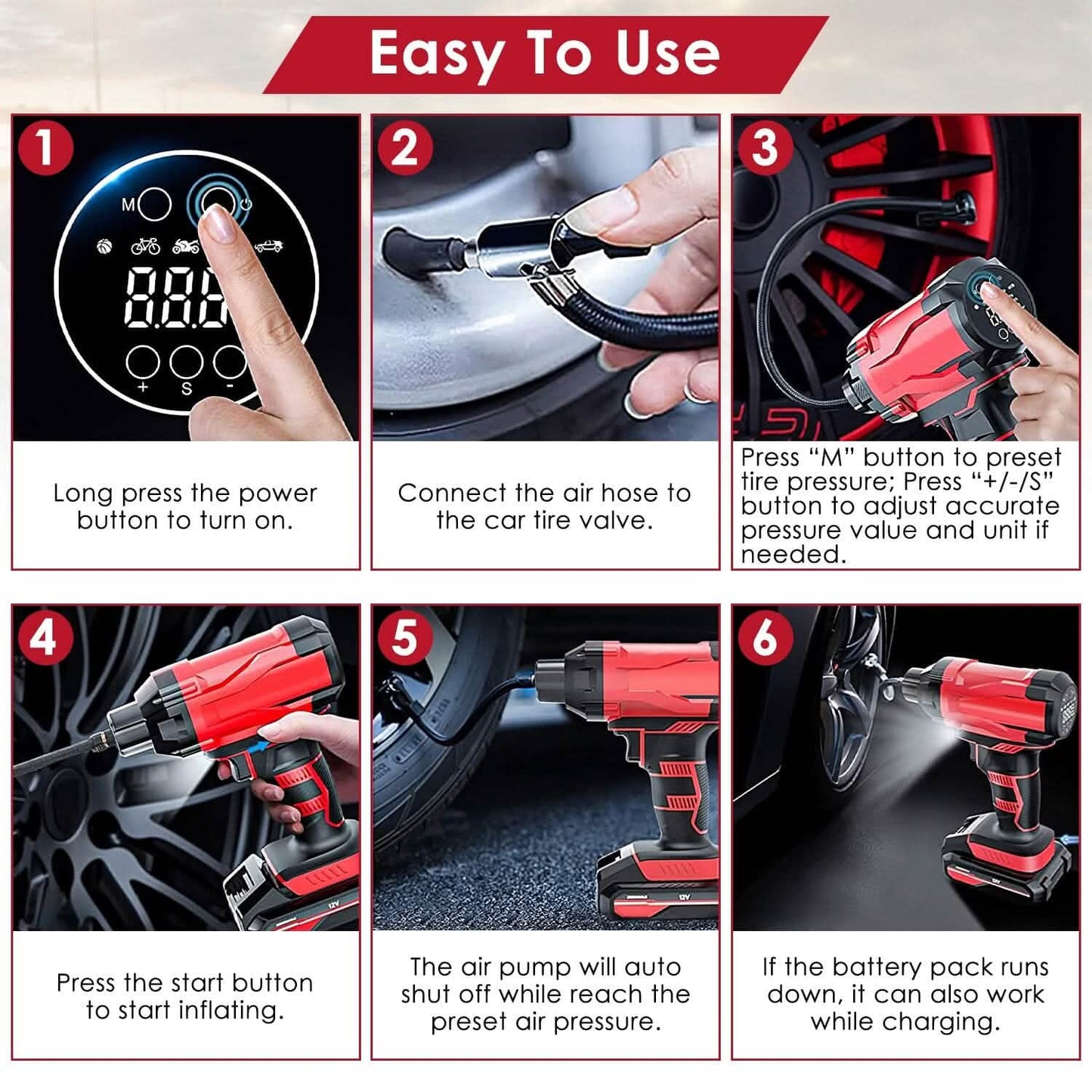 150 PSI 12V Portable Cordless Tire Pump 6000mAh Rechargeable with LED Light DailySale