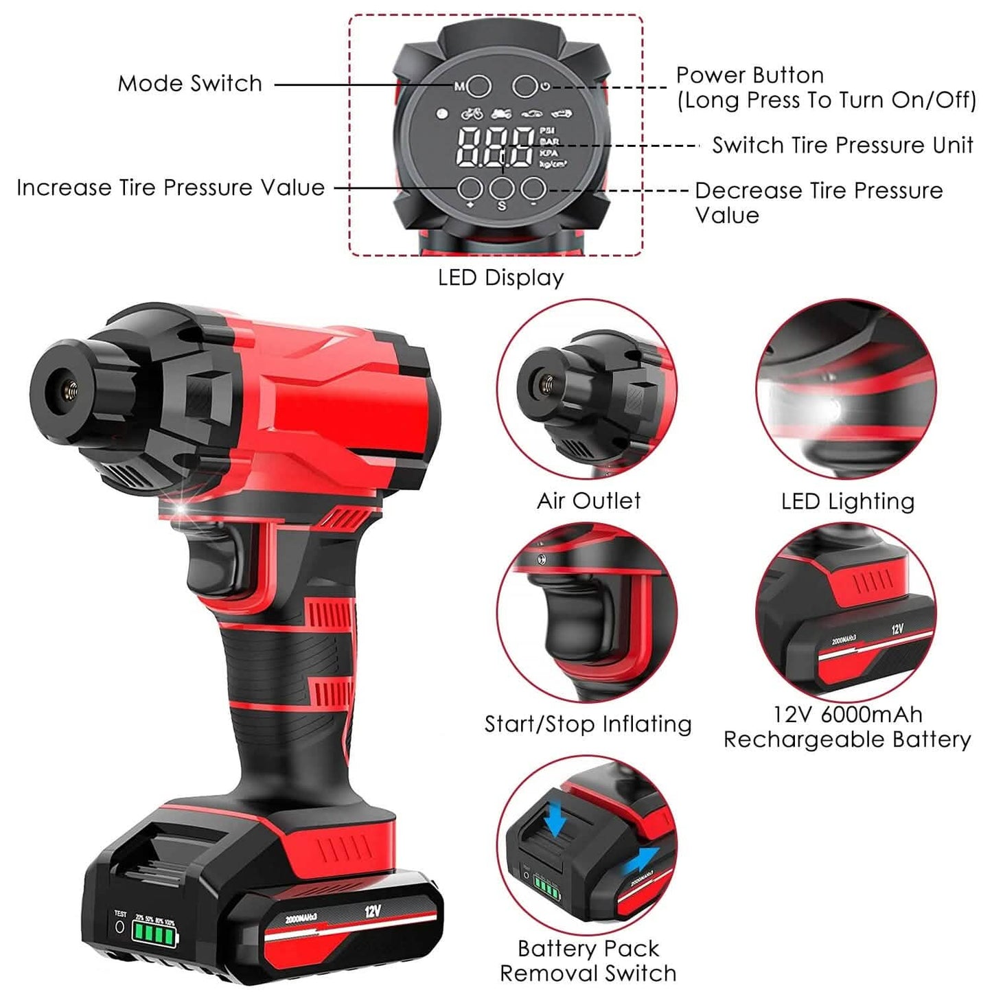 150 PSI 12V Portable Cordless Tire Pump 6000mAh Rechargeable with LED Light DailySale