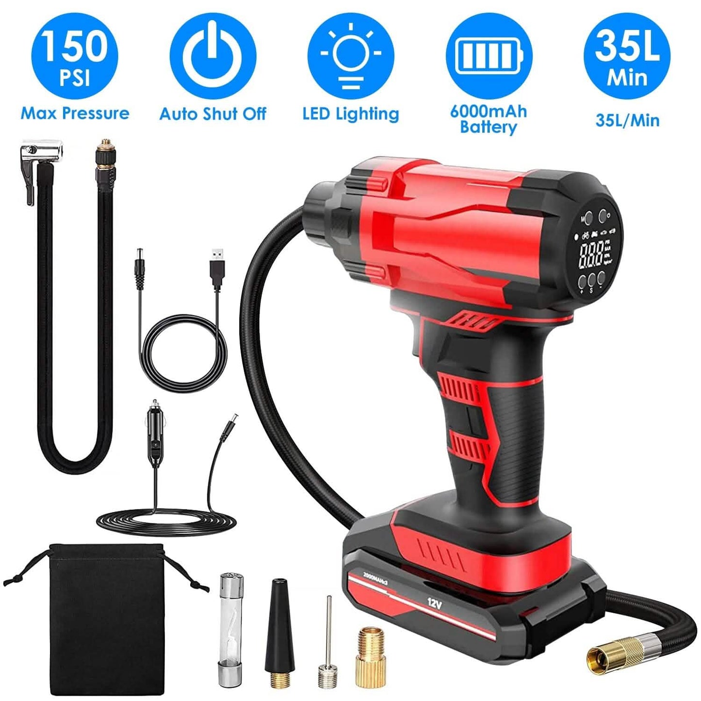 150 PSI 12V Portable Cordless Tire Pump 6000mAh Rechargeable with LED Light DailySale