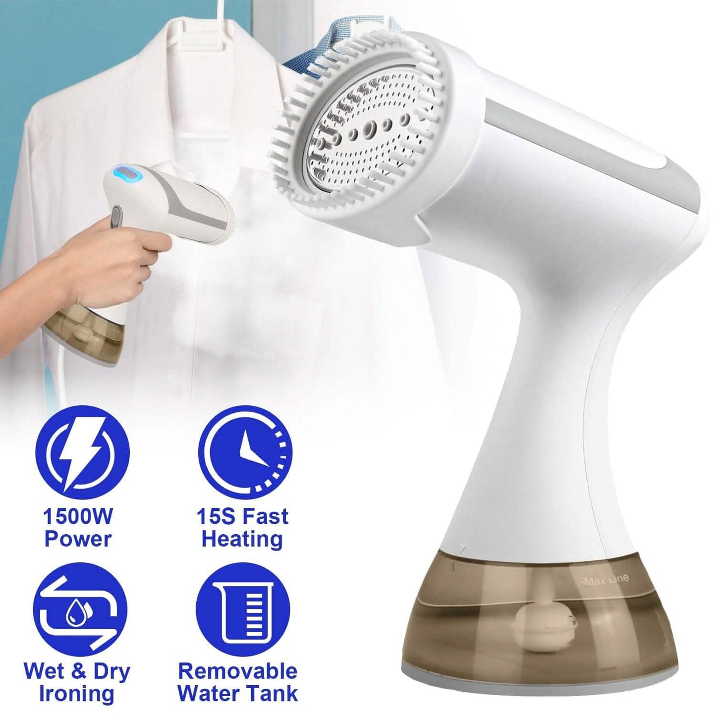 1500W Garment Steamer Portable Handheld Fabric Steamer with Lint Brush Removable 350ml Water Tank DailySale