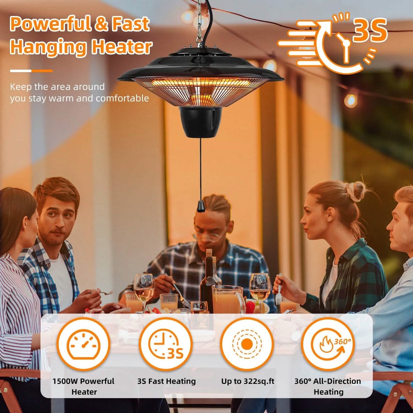1500W Outdoor Hanging Patio Ultra-Quiet Electric Heating Lamp DailySale