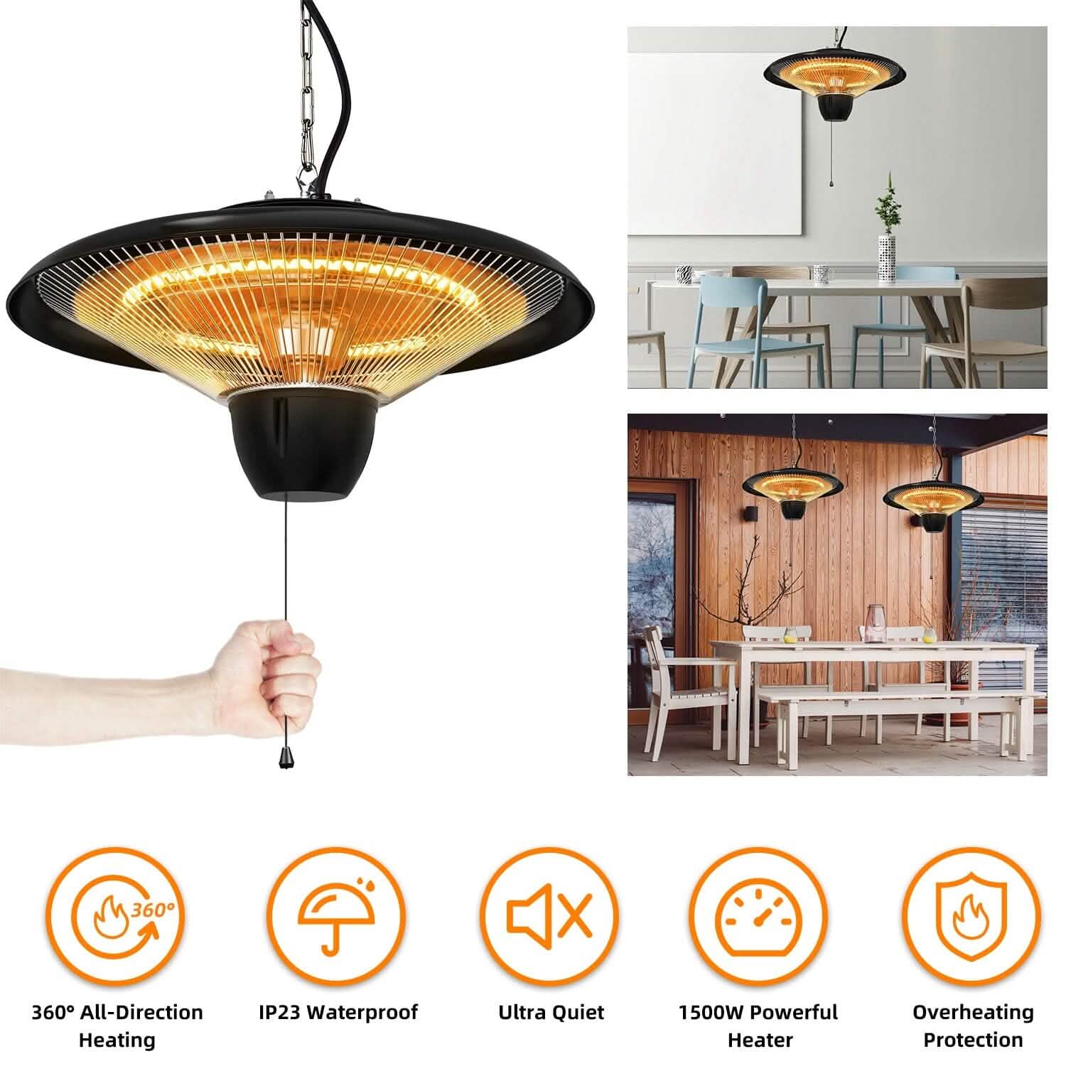 1500W Outdoor Hanging Patio Ultra-Quiet Electric Heating Lamp DailySale