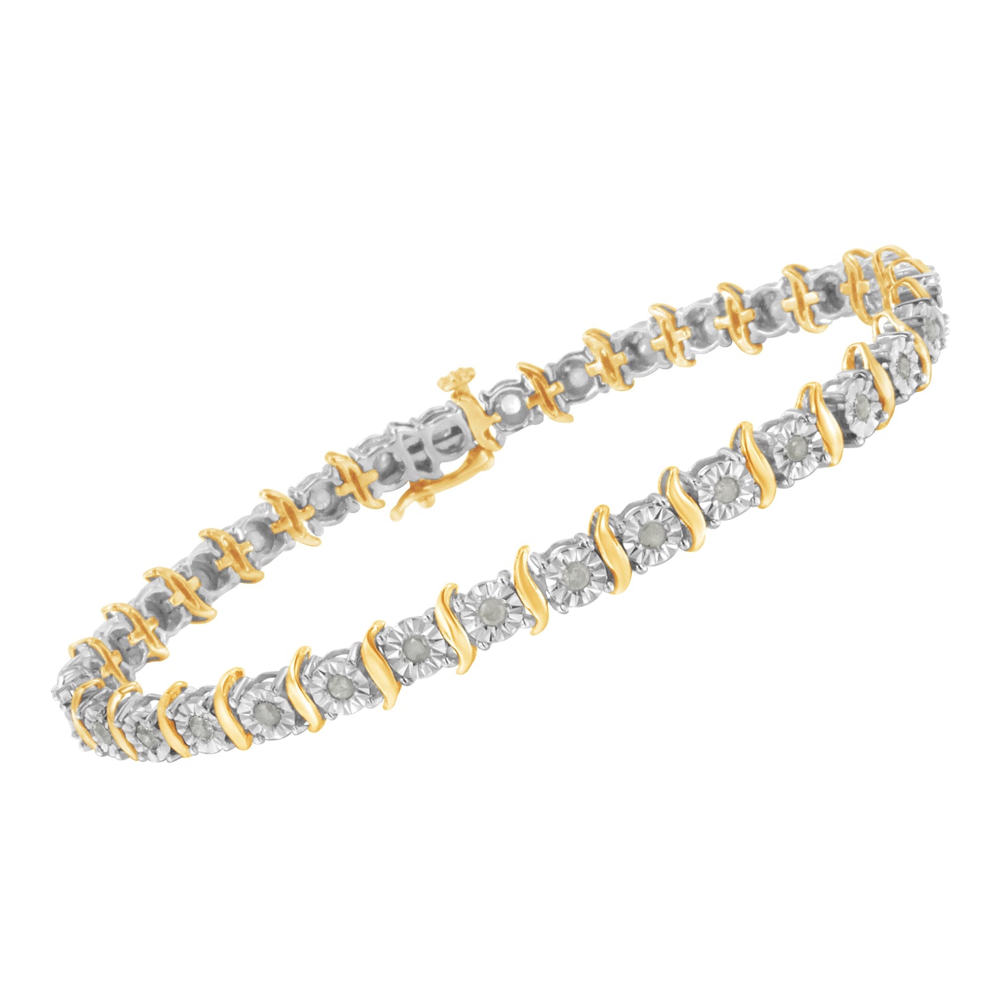 Two-Tone 10K Yellow Gold over .925 Sterling Silver 1.0 Cttw Diamond S-Curve Link Miracle-Set Tennis Bracelet (I-J Color, I3 Clarity) - 7" Bids.com